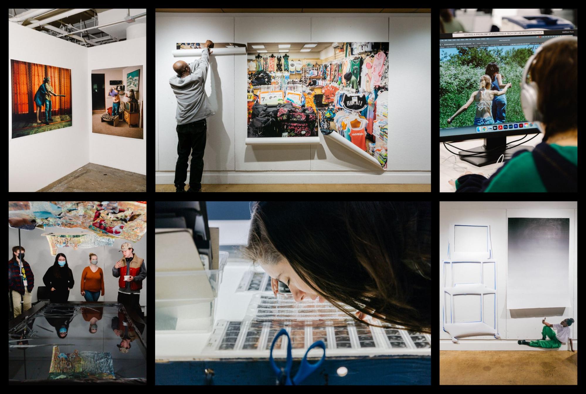 a grid of six photos, top row pictures include a view of a gallery with two paintings, a teacher hanging a piece, and a student looking at visual media on a desktop computer. The second row in the grid has a photo of 4 students presenting works, a student admiring works, and two pieces of art, one of a tv stand and one on print of a gradient with a student in the foreground taking a picture with their phone