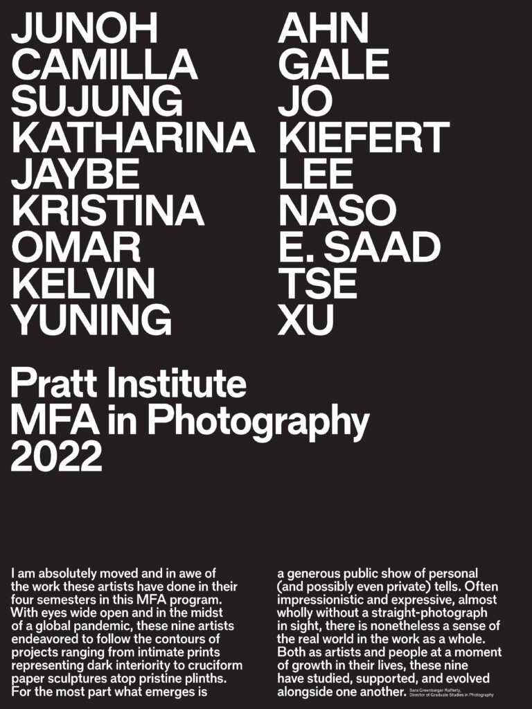 Poster for the School of Art M.F.A. Photography 2022 series with names of participating artists in white, large font on a black background.