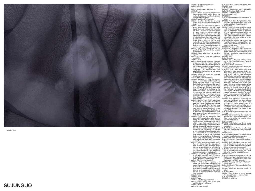 Photo of a sleeping child through a fine mesh veil. The image appear somewhat purple and blurred.