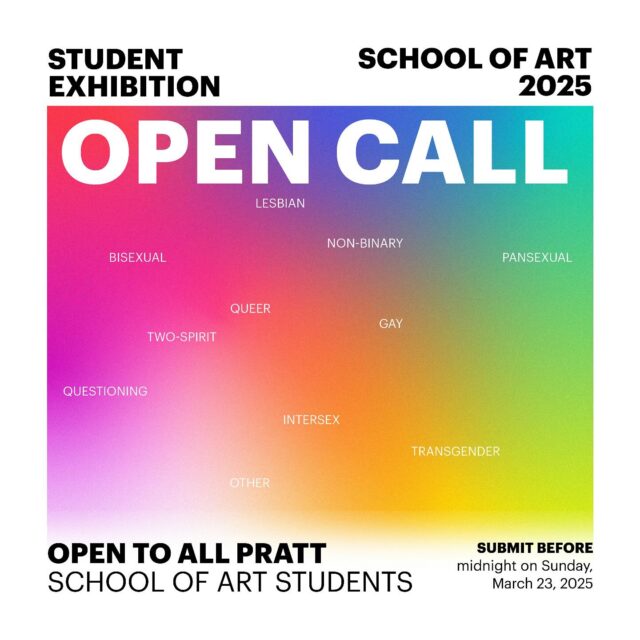 APPLY TO THE 2025 SCHOOL OF ART STUDENT EXHIBITION! 
🔗 Link in bio to apply!
Submissions accepted until midnight EST on Sunday, March 23, 2025
Pratt’s School of Art Dean Jorge Oliver is pleased to invite all School of Art students to submit their work for consideration to be included in a group exhibition curated by Pratt alums Olli Toppeta (History of Art and Design ‘22) and Dylan Kaleikaumaka Hill (History of Art and Design ‘23). The exhibition, presented in collaboration with the Department of Exhibitions, the Department of History of Art and Design, and the Office of Diversity, Equity, and Inclusion, will take place in August and September 2025 in the Schafler Gallery in the Chemistry Building.
This exhibition will spotlight LGBTQIA+ and queer themes. Submissions are open to all Pratt School of Art students—undergraduates (including Foundation and Associate Degree students), graduate students, and the graduating class of 2025. We welcome work that engages with and reflects the diverse experiences and perspectives within the lesbian, gay, bisexual, transgender, queer, questioning, non-binary, pansexual, two-spirit, intersex (LGBTQIA+), or any other identity within the broad spectrum of the queer community. 
The School of Art includes students in Art and Design Education, Creative Arts Therapy, Creative Enterprise Leadership, Digital Arts, Film/Video, Fine Arts, Photography, AOS Graphic Design, Illustration, Game Design and Interactive Media, and AAS Graphic Design/Illustration.
This is an excellent opportunity for students to showcase their work, build a relationship with professional curators in conceiving a group exhibition, and engage with the greater Pratt community.
We look forward to seeing your work! Thank you for applying!
#OlliToppeta #DylanKaleikaumakahill
@prattcei @jorgeaoliver @prattinstitute @prattfineart @cassilsartist @prattdigitalarts @prattfilm_video @prattphotography @pratt_associate_degrees @pratt_cel @prattfoundation @prattarted @prattalumni