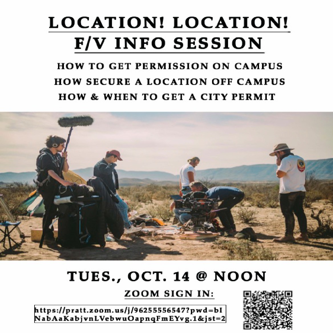 Join Assistant Chair Eric Trenkamp for a valuable information session on all the key 'how-to's' for filming on and off campus. 

https://pratt.zoom.us/j/96255556547?pwd=bINabAaKabjvnLVebwuOapnqFmEYvg.1&jst=2  See bio for zoom link!