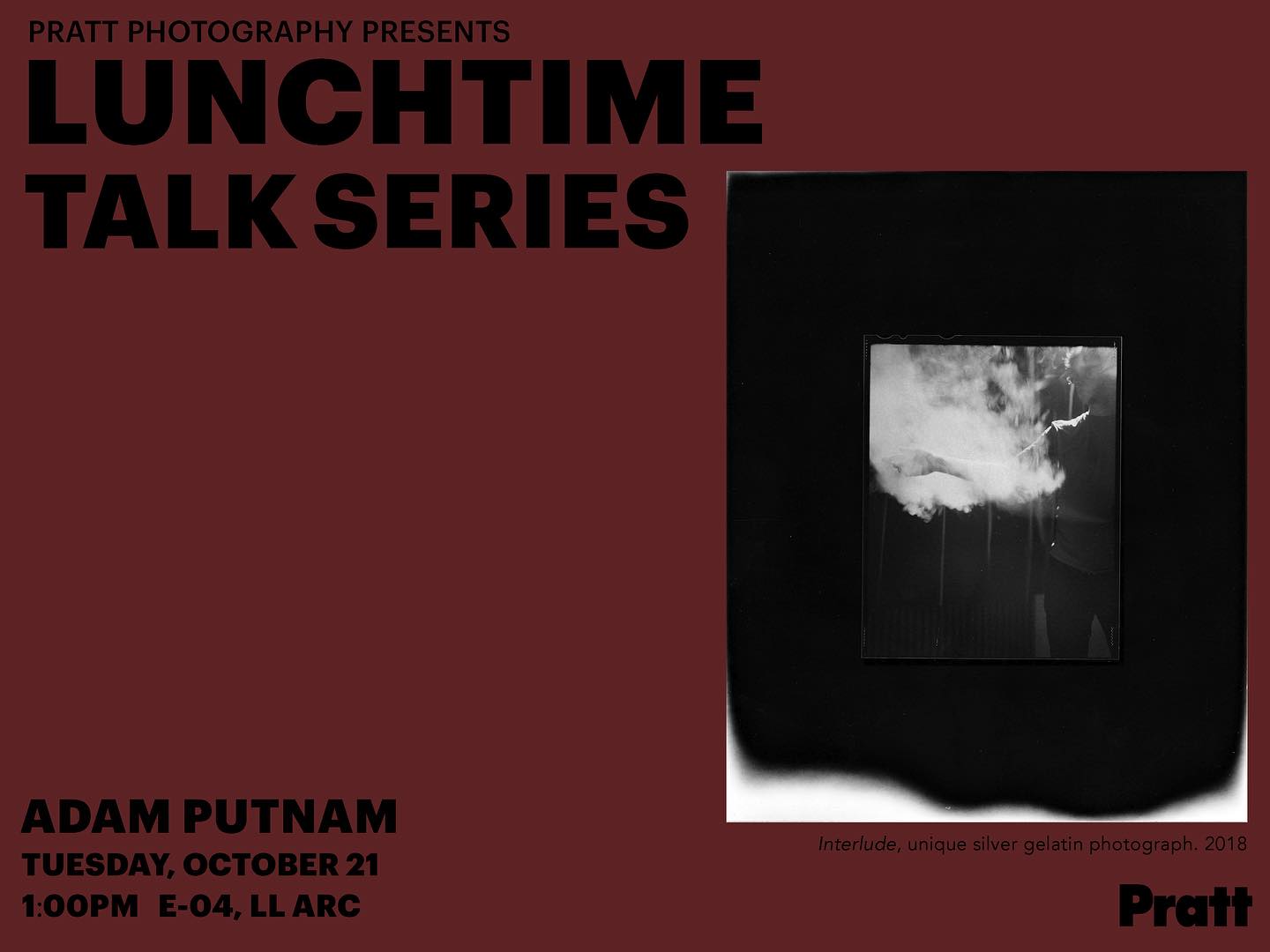 TOMORROW ✨ Lunchtime Talk Series with Adam Putnam

We are pleased to announce the first of our fall Lunchtime Talk Series: a chance for students and peers to hear from Photography Department faculty and staff, as they share their work.

Please feel free to bring your lunch—we hope you’ll join us! ☺️

🗓️ Tuesday, October 21st
🕐 1:00PM
📍E-4, LL ARC

@prattinstitute @soartpratt