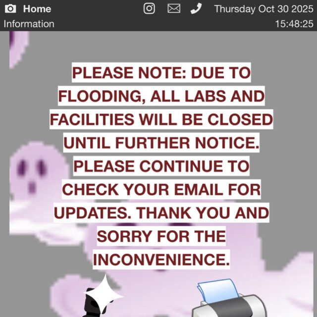 PLEASE NOTE 🚫 Due to current flooding, all Photography Labs and Facilities will be closed until further notice. Please continue to monitor your email and the VTO for updates. Thanks for the understanding, and we apologize for the inconvenience. Stay safe ☔️