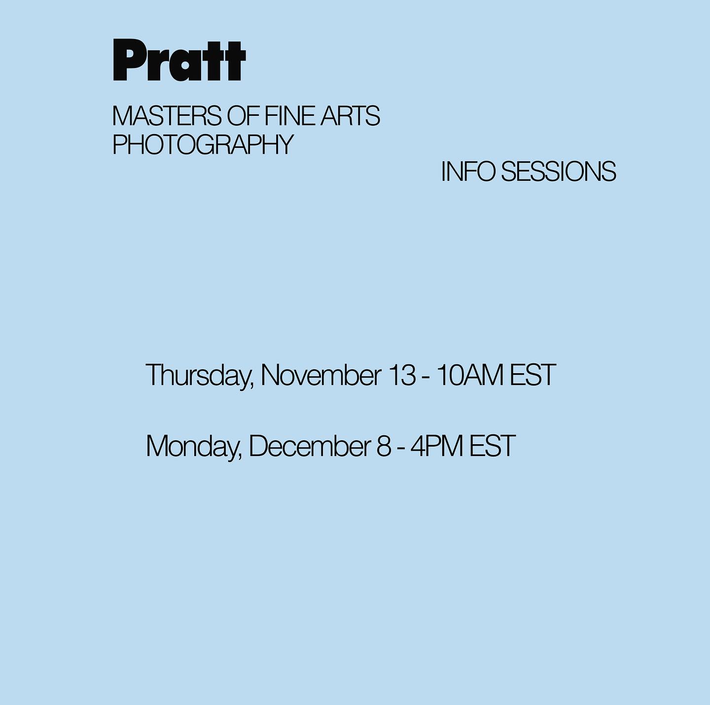 Interested in applying to an MFA program? Learn more about Pratt Photo MFA in a virtual info session ✨

The sessions will be led by Director Katherine Hubbard and first-year student Chance Allen. 

Hope to see you there!

Register with LINKS in Bio 🔗