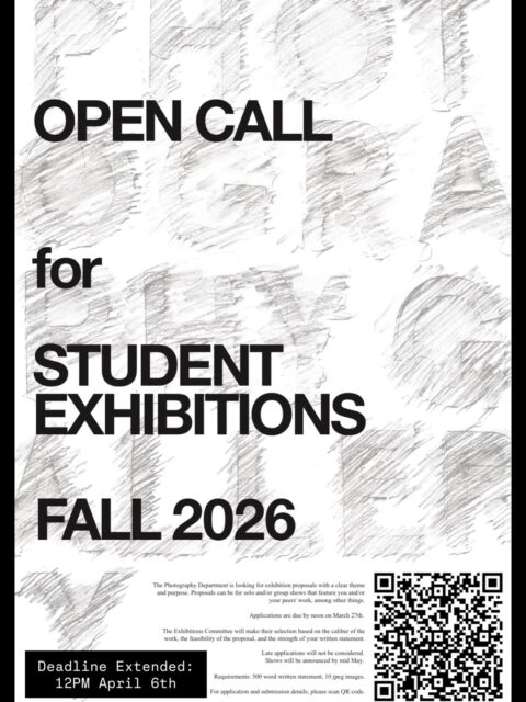 DEADLINE EXTENDED: 12PM APRIL 6TH!🗣️

Alumni are encouraged to apply! ✨

The Photography Department is extending the submission deadline to 12PM Friday April 6th, 2026.

The gallery will be divided into two exhibition spaces for two weeks during the months of September, October, and November. Shows can be solo or group exhibitions. A faculty-led committee will make its selection based on the caliber of the work, the feasibility of the proposal, and the strength of the written statement.