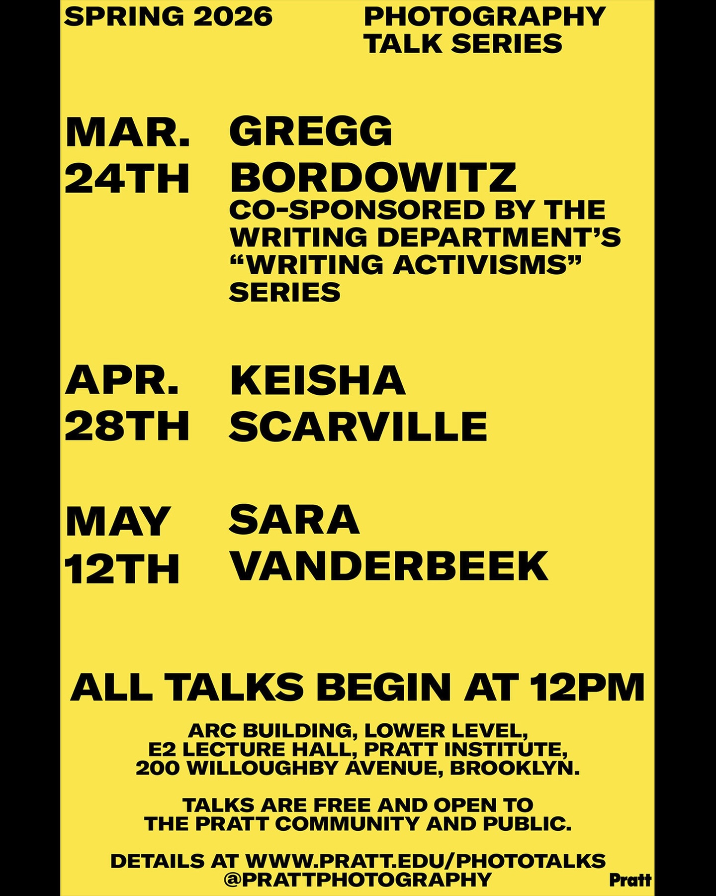 We are excited to announce our Spring 2026 Photography Talk Series ✨ Please join us tomorrow afternoon, for Gregg Bordowitz!

🗓️ Tuesday, March 24th
🕛 12PM
📍 E-2 Lecture Hall, LL ARC

This event is co-sponsored by the Writing Department’s “Writing Activisms” Series.

We hope to see you there! 👏

@prattinstitute @soartpratt