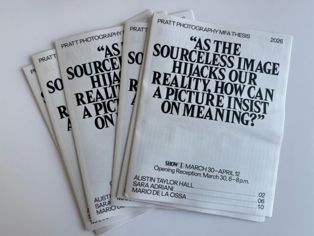 TONIGHT! 

“AS THE SOURCELESS IMAGE HIJACKS OUR REALITY, HOW CAN A PICTURE INSIST ON MEANING?”

Join us for the Opening Reception of Pratt Photography MFA Thesis: Show I
Curated by Marina Chao 

This first exhibition features work by graduate students Austin Taylor Hall, Sara Adriani and Mario de la Ossa marking the culmination of two years of dedicated effort.

Date: March 30 
Time: 6PM - 8PM 
Location: Dock72, 3rd Floor 

Register in advance with Link in Bio

@marinaschao 
@austintaylorhall 
@saraadrianiphotos 
@de.la.ossa 

Register with Links in Bio
