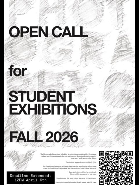 REMINDER DEADLINE EXTENDED: 12PM APRIL 6TH! 🗣️

Alumni are encouraged to apply!✨

The Photography Department is extending the submission deadline to 12PM Monday April 6th, 2026.

The gallery will be divided into two exhibition spaces for two weeks during the months of September, October, and November. Shows can be solo or group exhibitions. A faculty-led committee will make its selection based on the caliber of the work, the feasibility of the proposal, and the strength of the written statement.