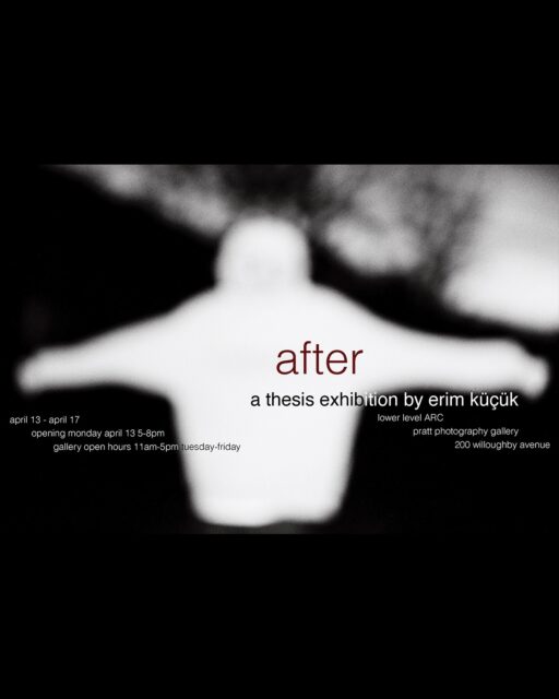 The next round of BFA Senior Thesis Exhibitions opens TODAY ✨ featuring:

after by Erim Küçük

Facade & Blue Photogram by Chenchao Ma

You Owe Me A Photograph by Miles Albright

Anthrotheism by Ruiyi Yang

🗓️ Opening Reception: today 4/13, 5–8PM
🕙 Tuesday–Friday 11AM–5PM
📍 Pratt Photography Gallery, LL ARC

We hope to see you there! ☺️

Congratulations Erim, Chenchao, Miles, and Ruiyi! 👏

@prattinstitute @soartpratt @midtownarsenal @cchaochao_156 @somephotosbyalbright @oneyang_yang
