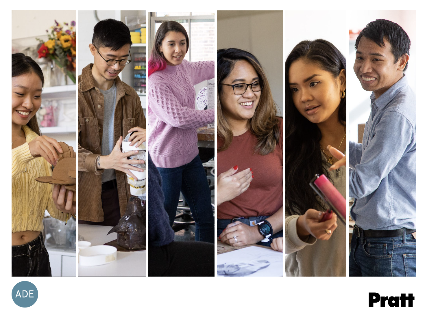 six images, of students working in classrooms, smiling, making scluptures, teaching
