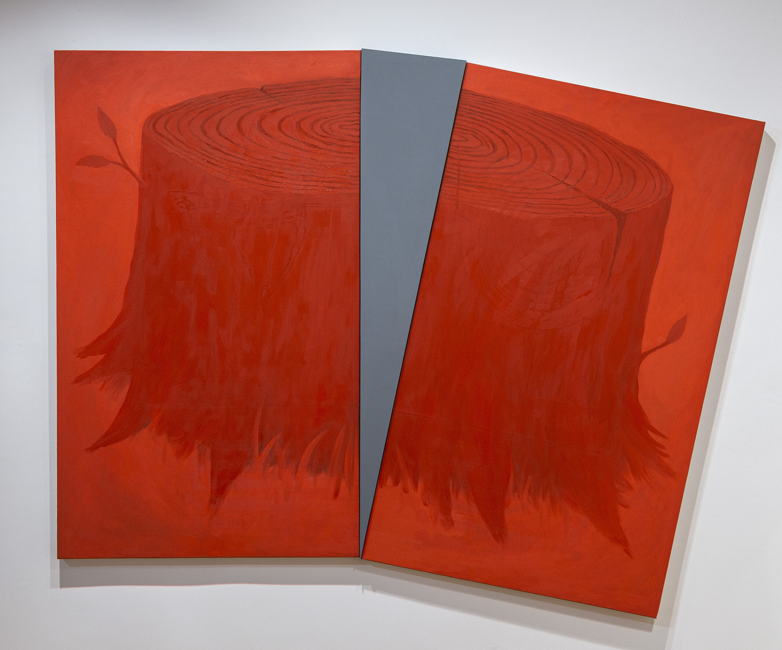 two canvases, split, with a painting of either side of a tree stump on each panel