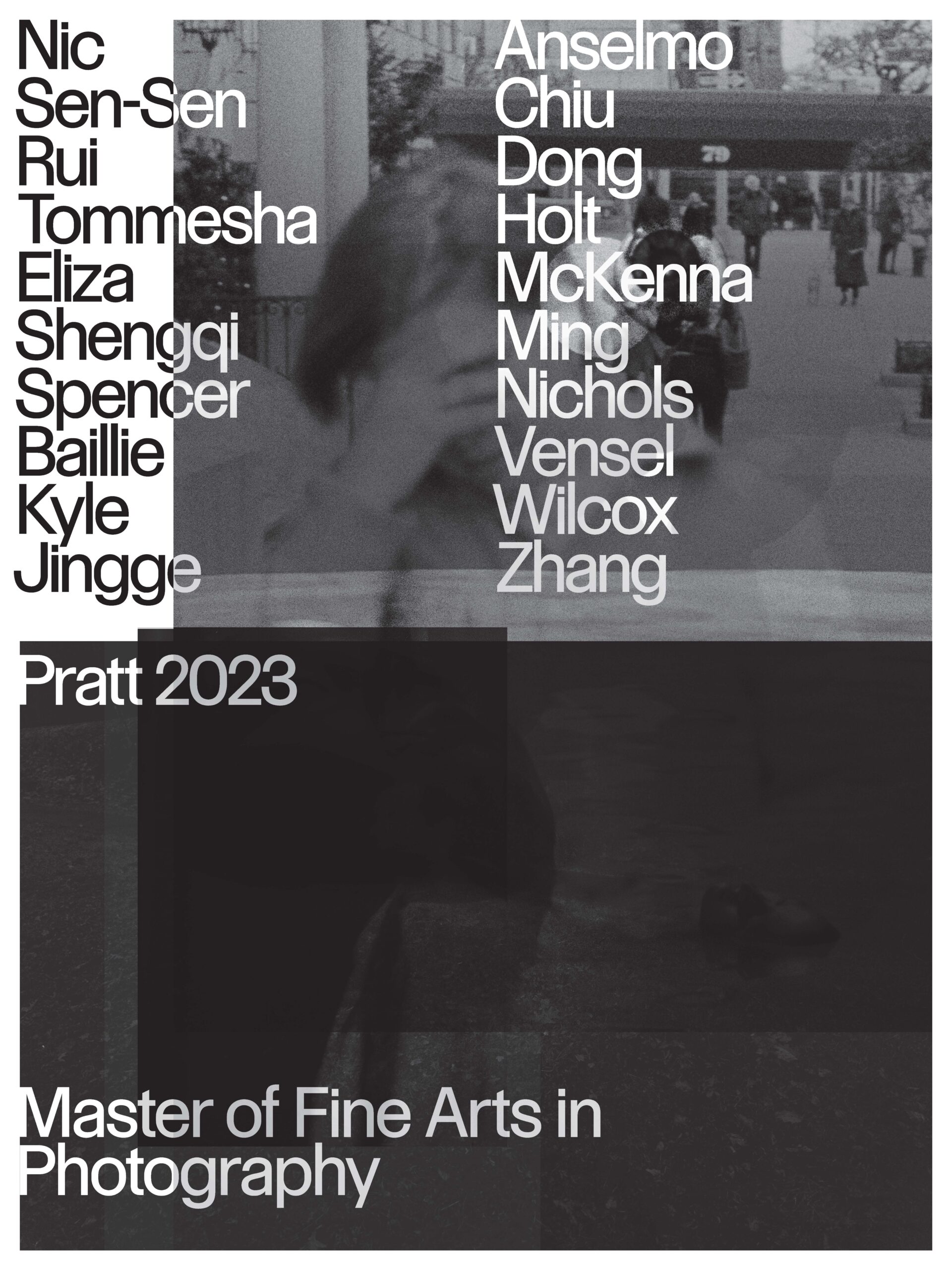 Poster for the School of Art M.F.A. Photography 2023 series with names of participating artists in large font on a black and white background.