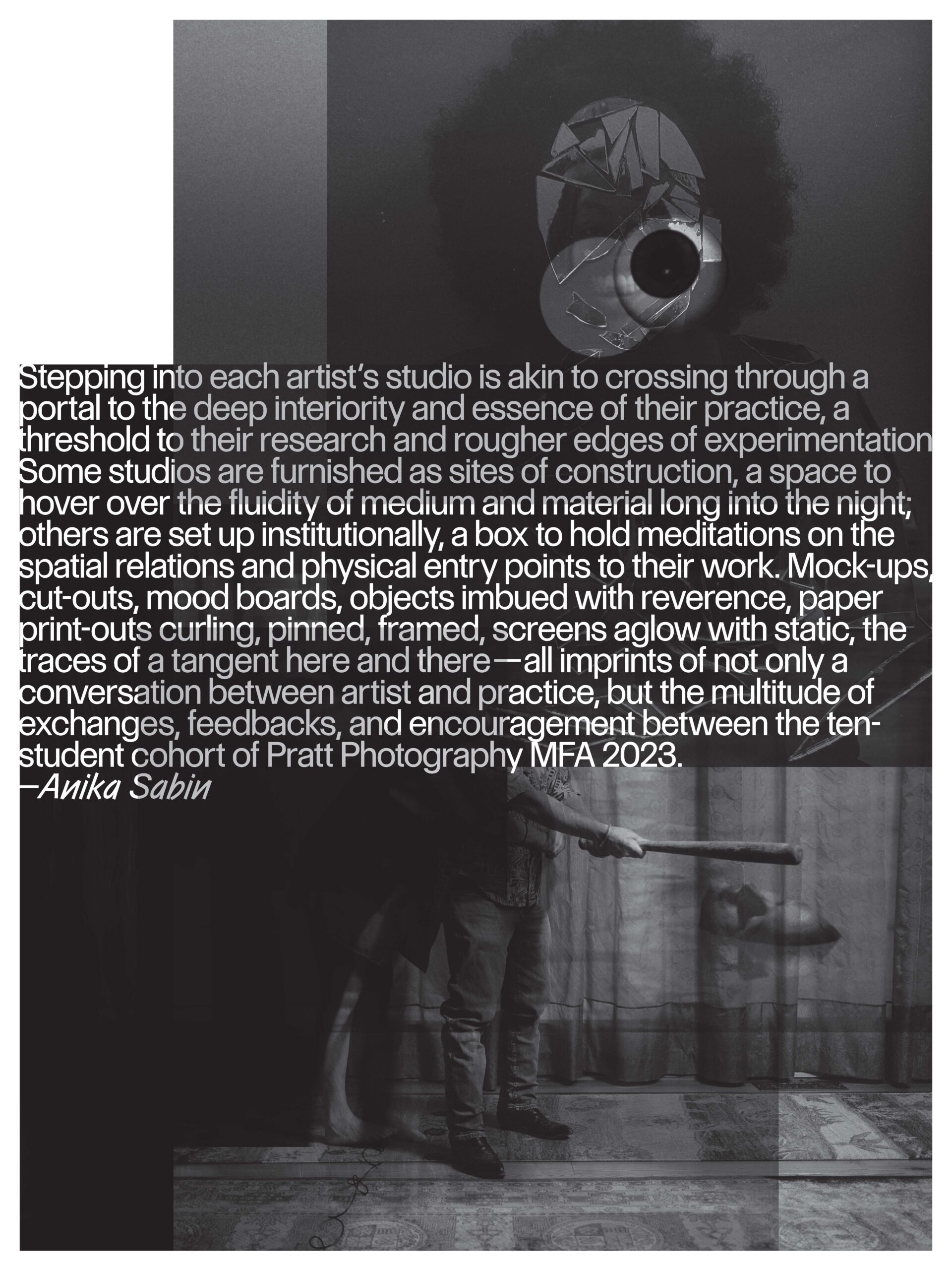 A full page showing two black and white photographs overlapping each other. One shows a woman's head the other someone swinging a baseball bat. There is white type overlaid on top of the images.