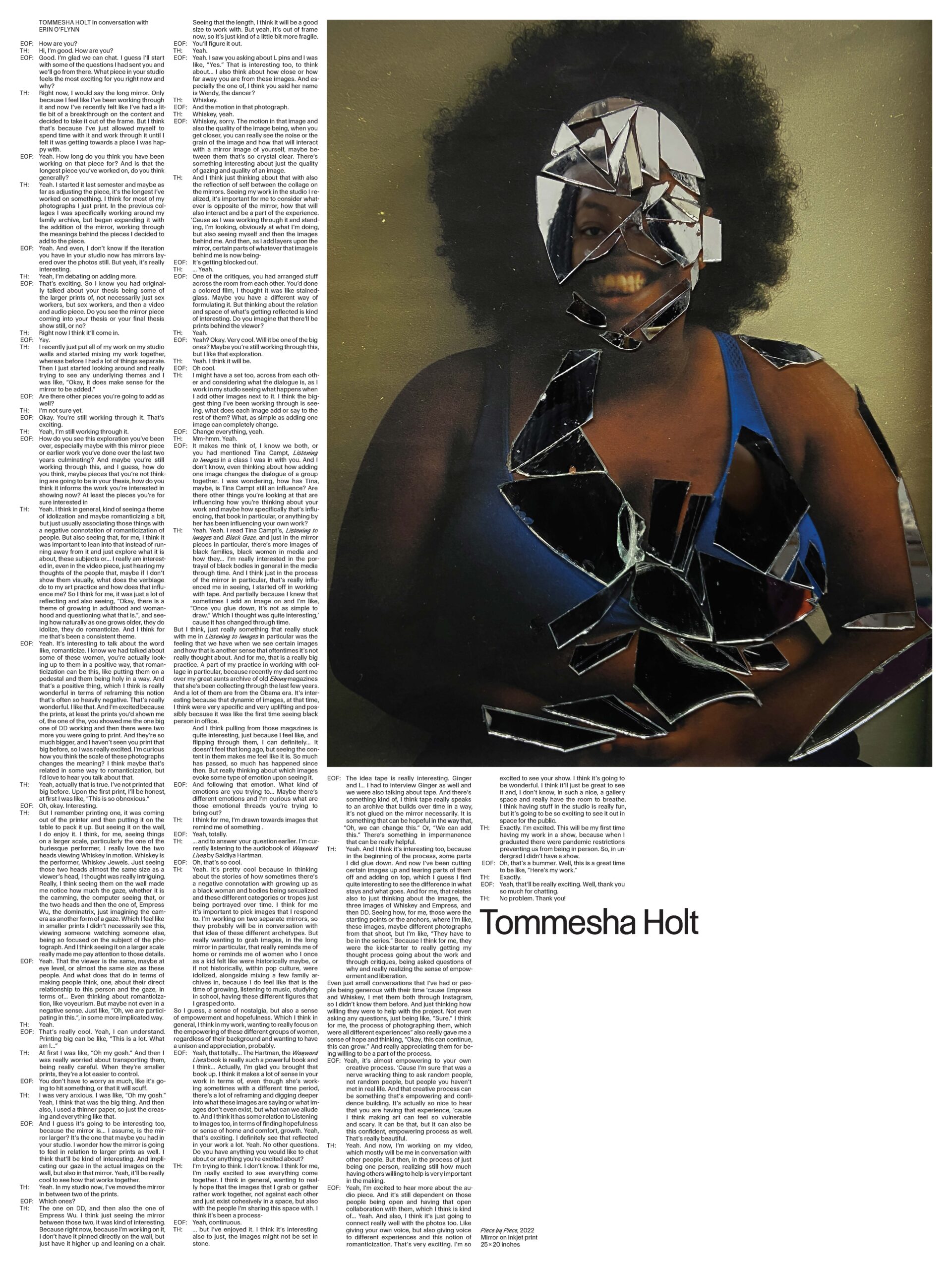 An image of a woman with an afro, smiling, is covered up at places by shards of a mirror showing the reflection of a figure with braids.