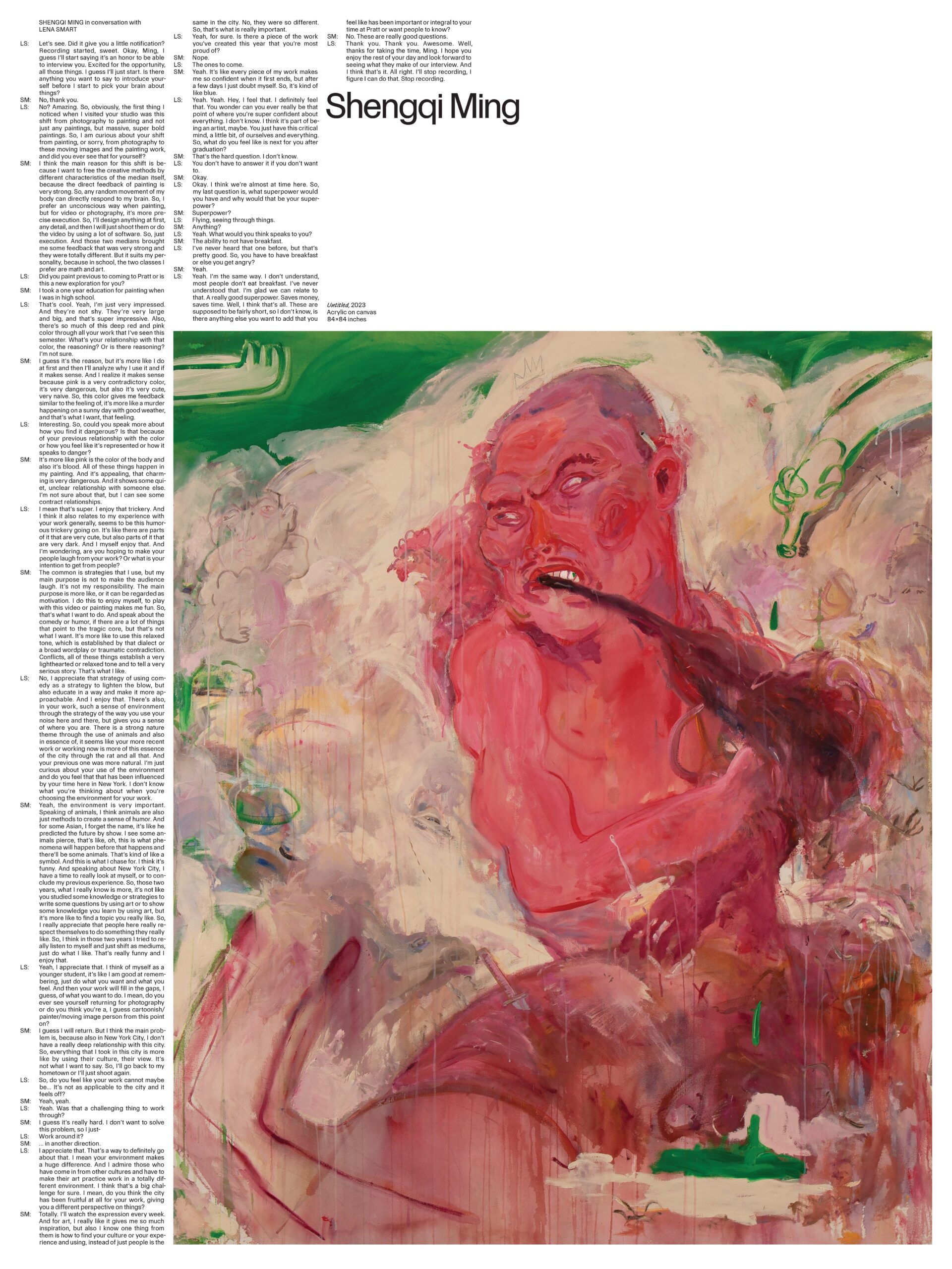 A painting showing a red humanoid figure consuming something pulled from a second more abstract figure lying at its feet.