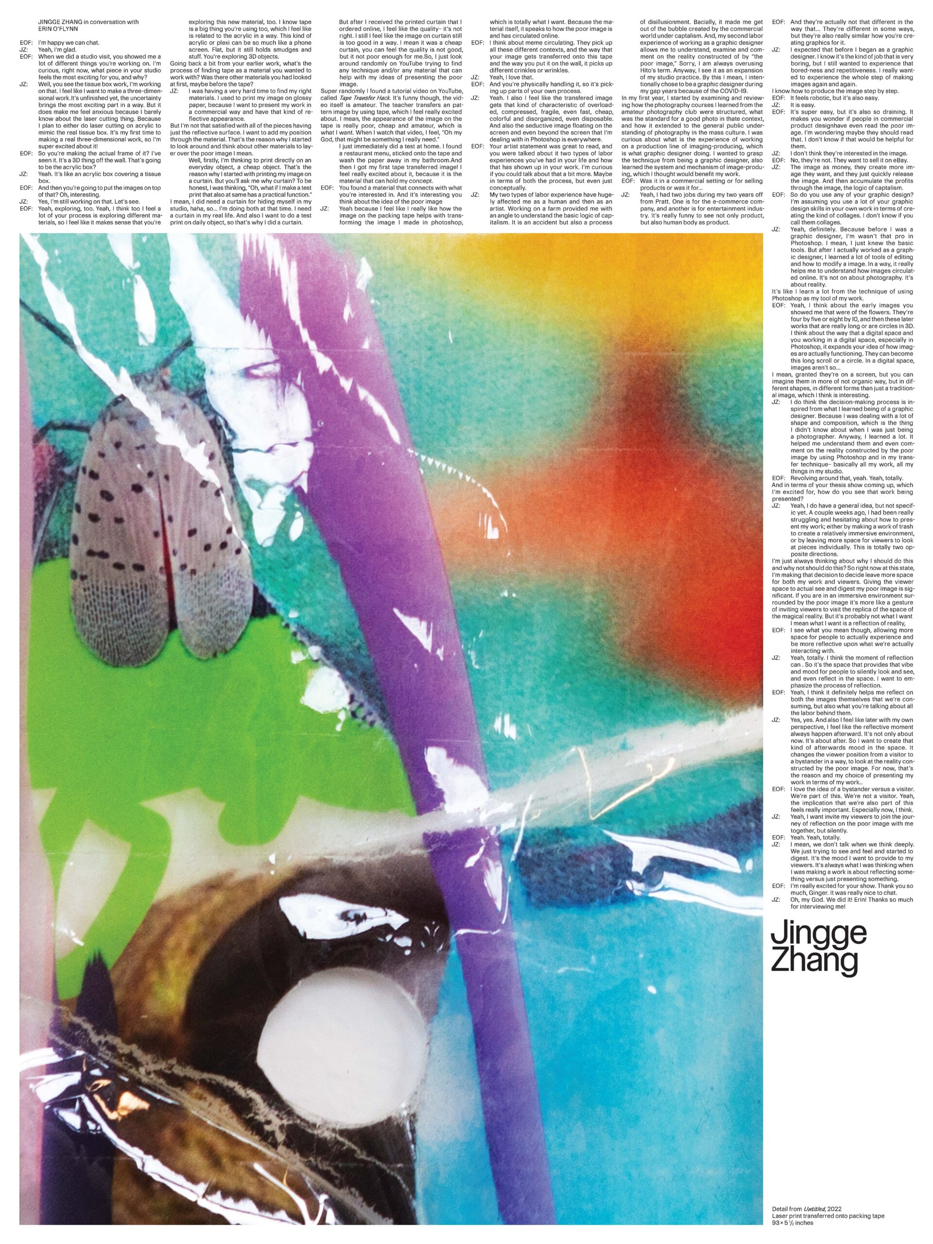 An image of bright abstract shapes and the body of a lanternfly are presented behind a shiny material like packing tape.