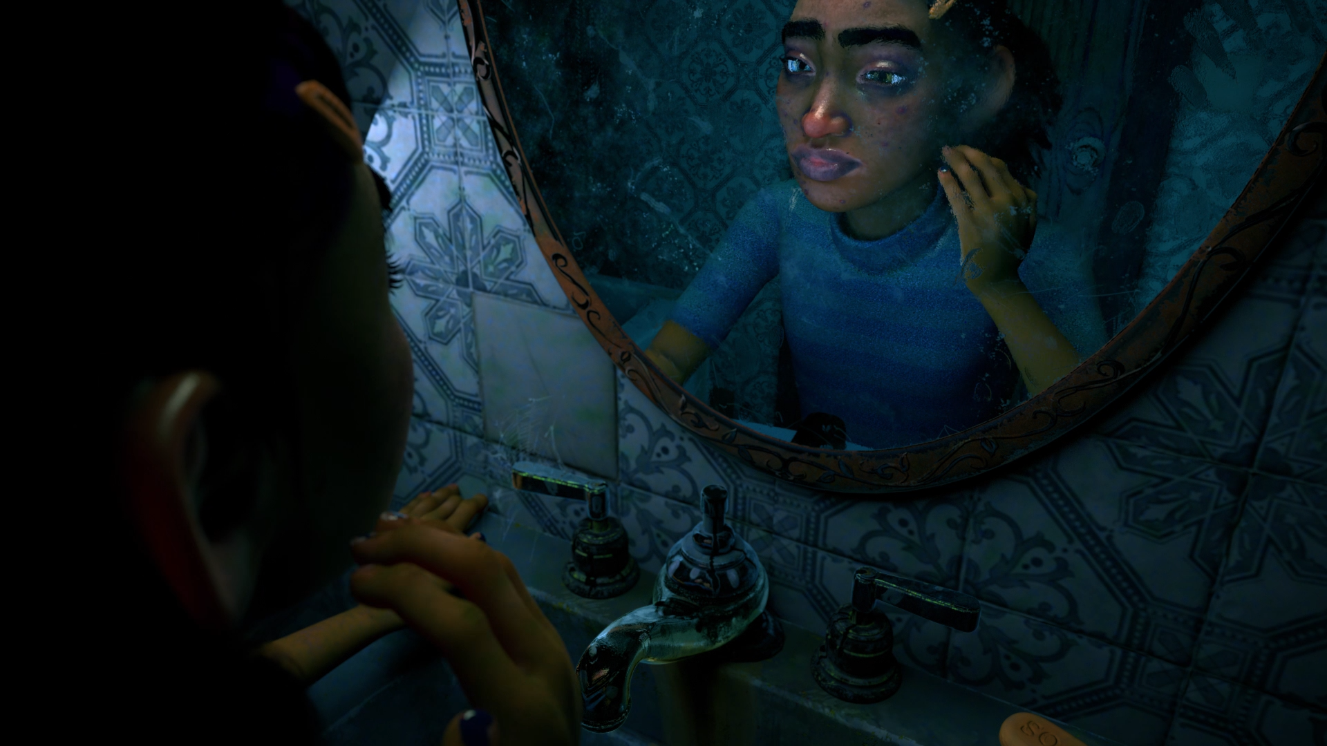 3D rendering of woman, standing in mirror, examining her face, made in a pixar style