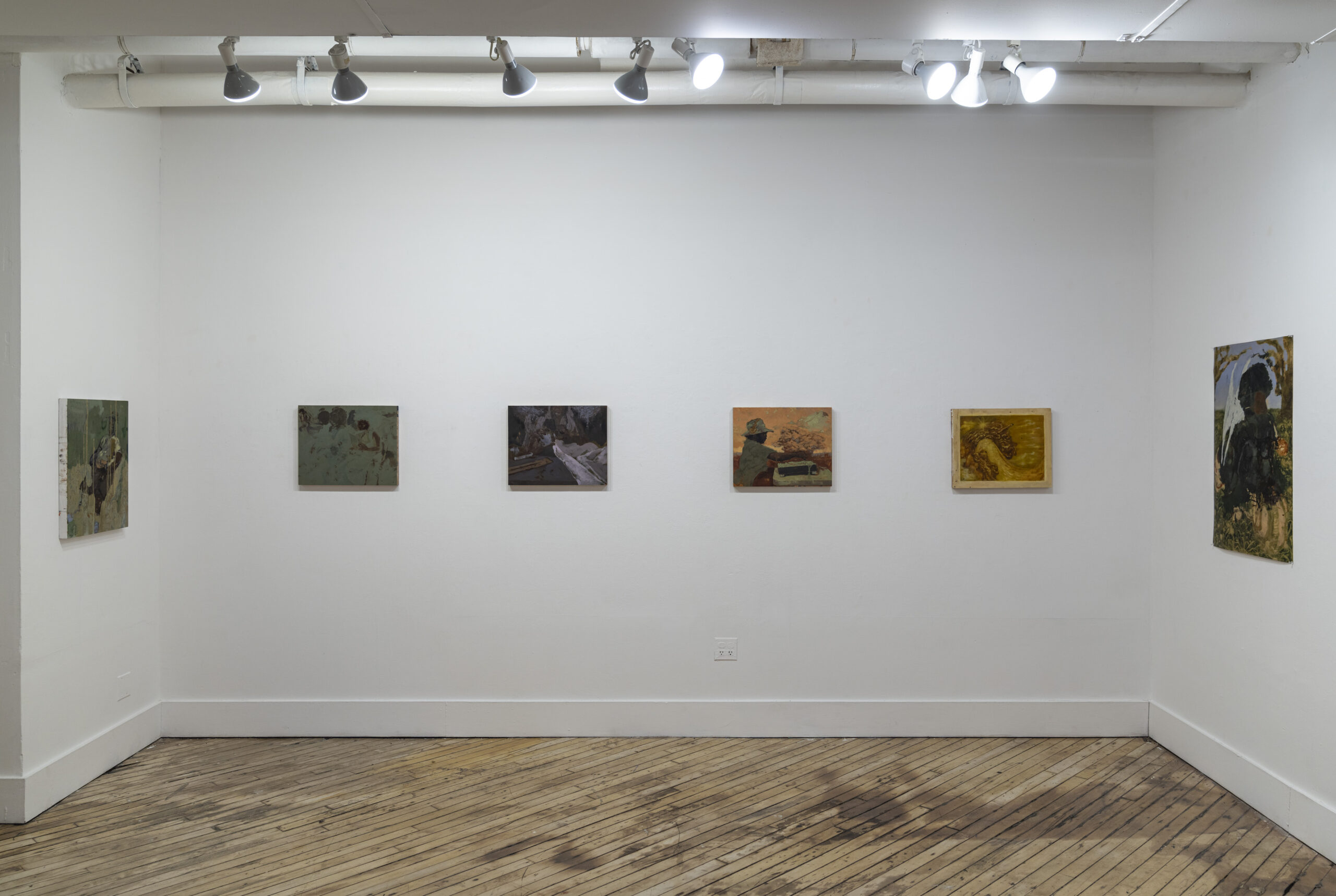 A well-lit art gallery featuring a mix of abstract paintings and surreal black-and-white illustrations. The polished wooden floor and high ceilings contribute to an open and spacious feel. The artwork is arranged in sections, allowing visitors to explore different artistic styles.