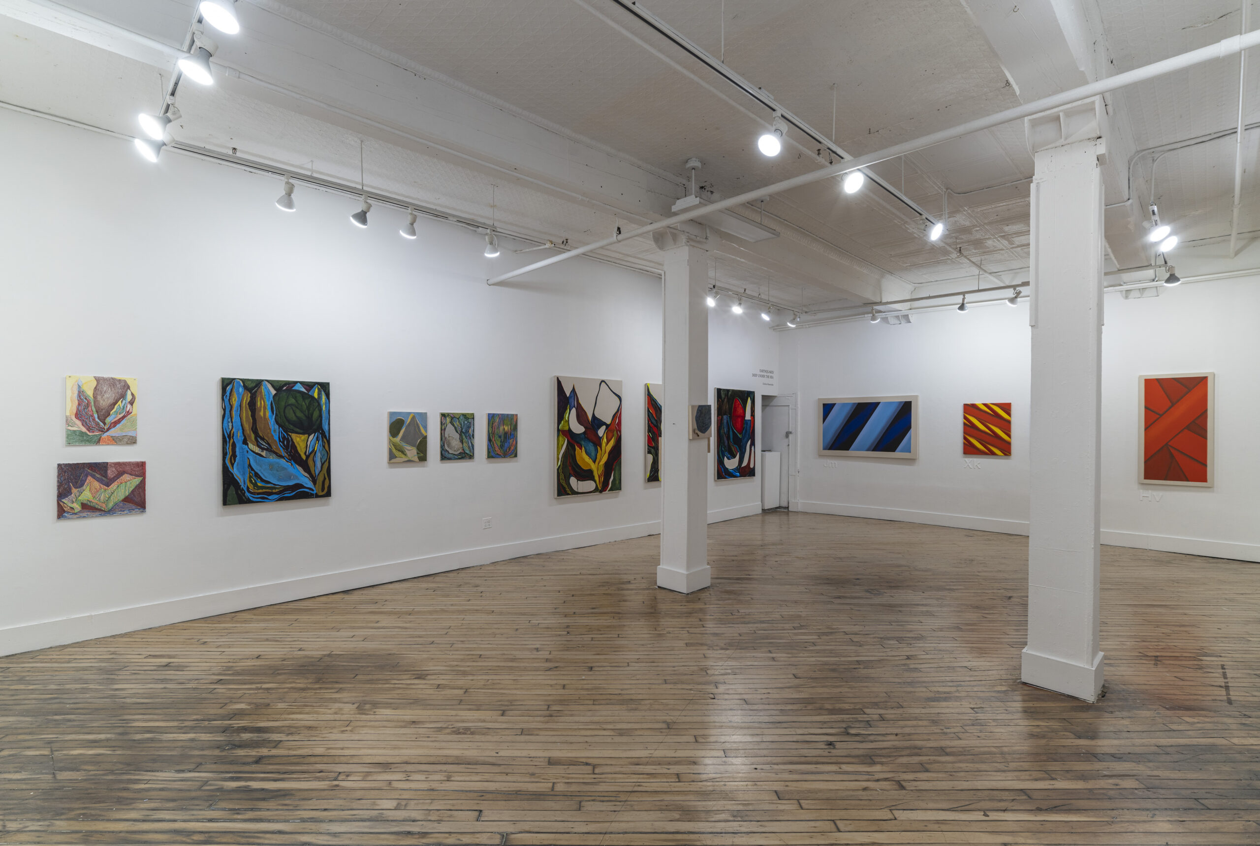 A contemporary art exhibition featuring abstract and surreal paintings. The gallery's layout includes white walls and polished wooden flooring, with spotlights highlighting each artwork. The paintings vary in size and style, ranging from vibrant, colorful compositions to monochromatic, intricate illustrations.