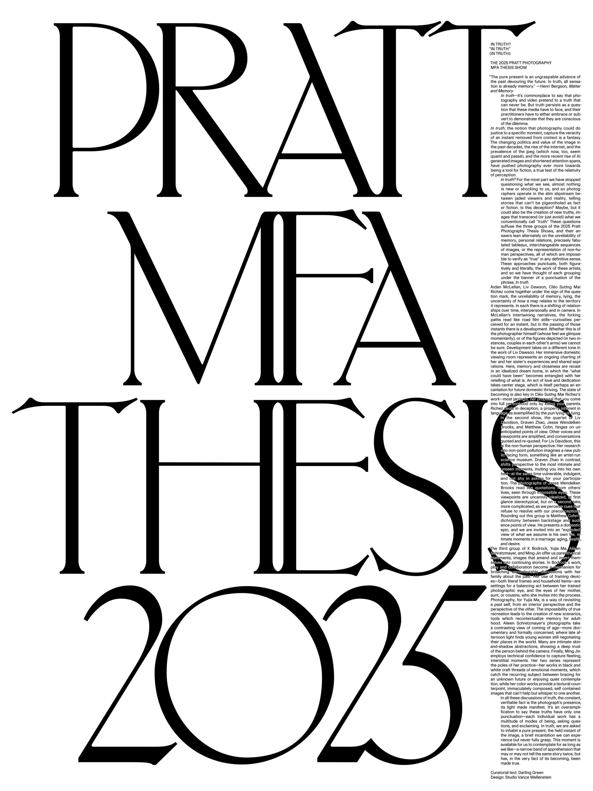 Promotional poster for the 2025 Pratt MFA Photography Thesis exhibition. The text “PRATT MFA THESIS 2025” is displayed in oversized, black serif letters occupying most of the layout. A block of curatorial and contextual text introducing the show appears on the right side in small font. This serves as the cover or title image of the thesis publication.