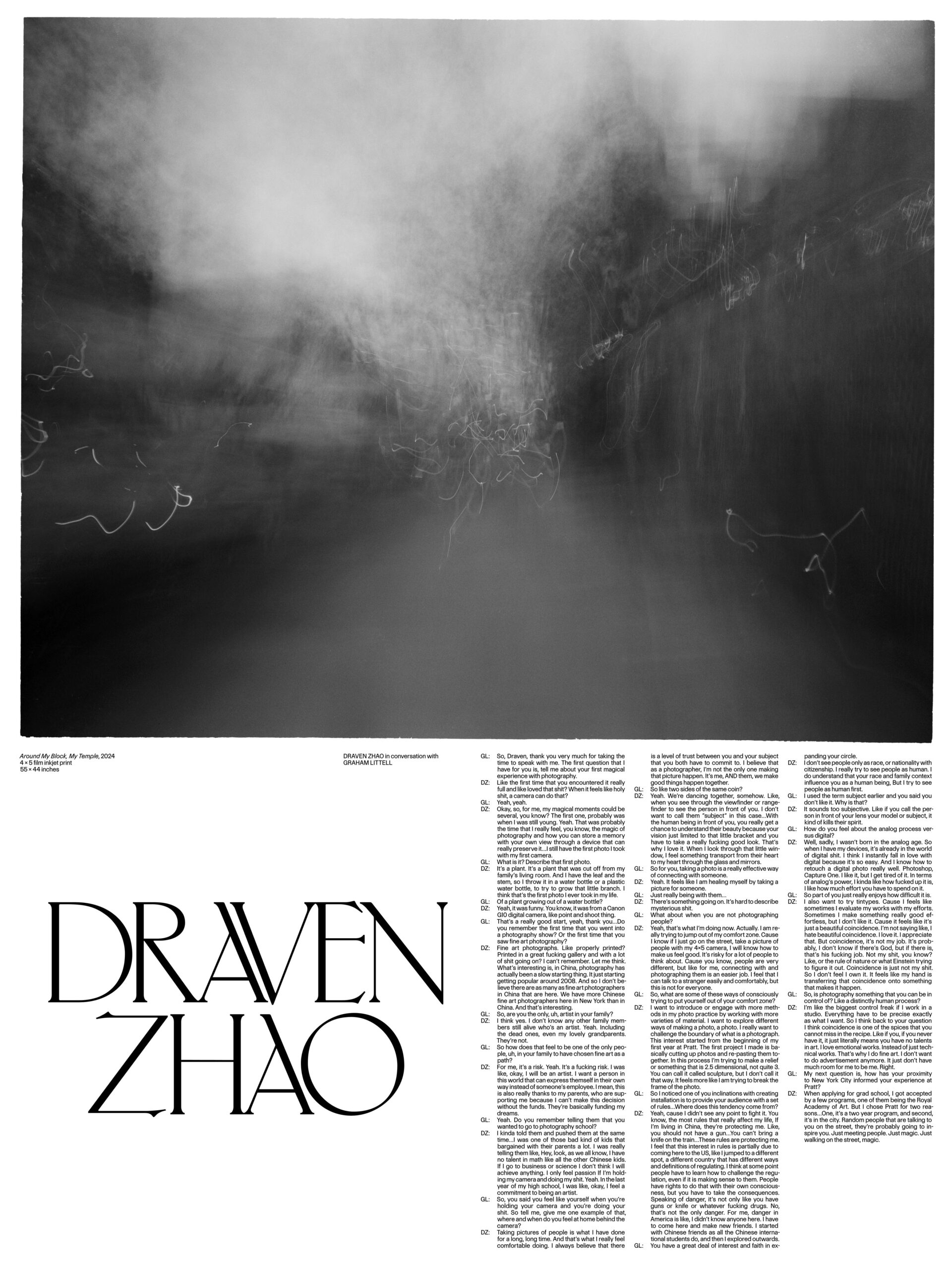 Poster for Aileen Schretzmayer’s work in the Pratt MFA Thesis 2025. The central image shows a person reclining in a white bathtub, with their legs playfully extended upward against a tiled wall with floral wallpaper. The photograph captures a whimsical, intimate moment. The top includes the artist’s name in stylized serif type, and the sides display a conversation with Jaylin Brandon in long vertical text columns.