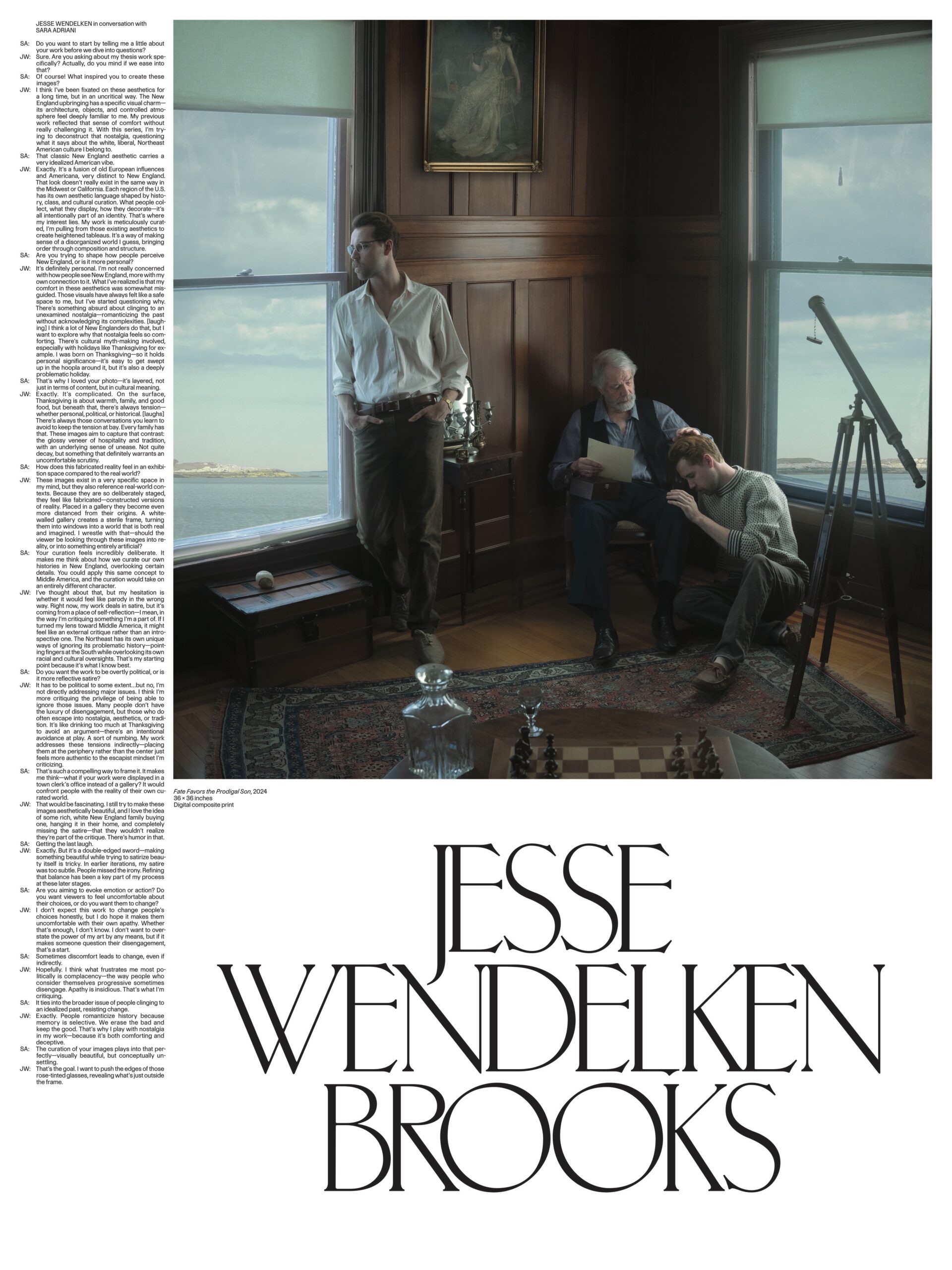 Poster featuring Jesse Wendelken Brooks’s work for the Pratt MFA Thesis 2025. The image shows an elaborately staged interior scene with three men in a wood-paneled room overlooking the ocean. One man leans against a window, another sits reading a document, and a third rests his head on the seated man’s knee near a telescope. The composition evokes a cinematic, painterly quality, with antique furniture, a chessboard, and a portrait painting above. The artist’s name is displayed prominently below in serif font, with an interview with Sarah Aranoff in columns to the left.