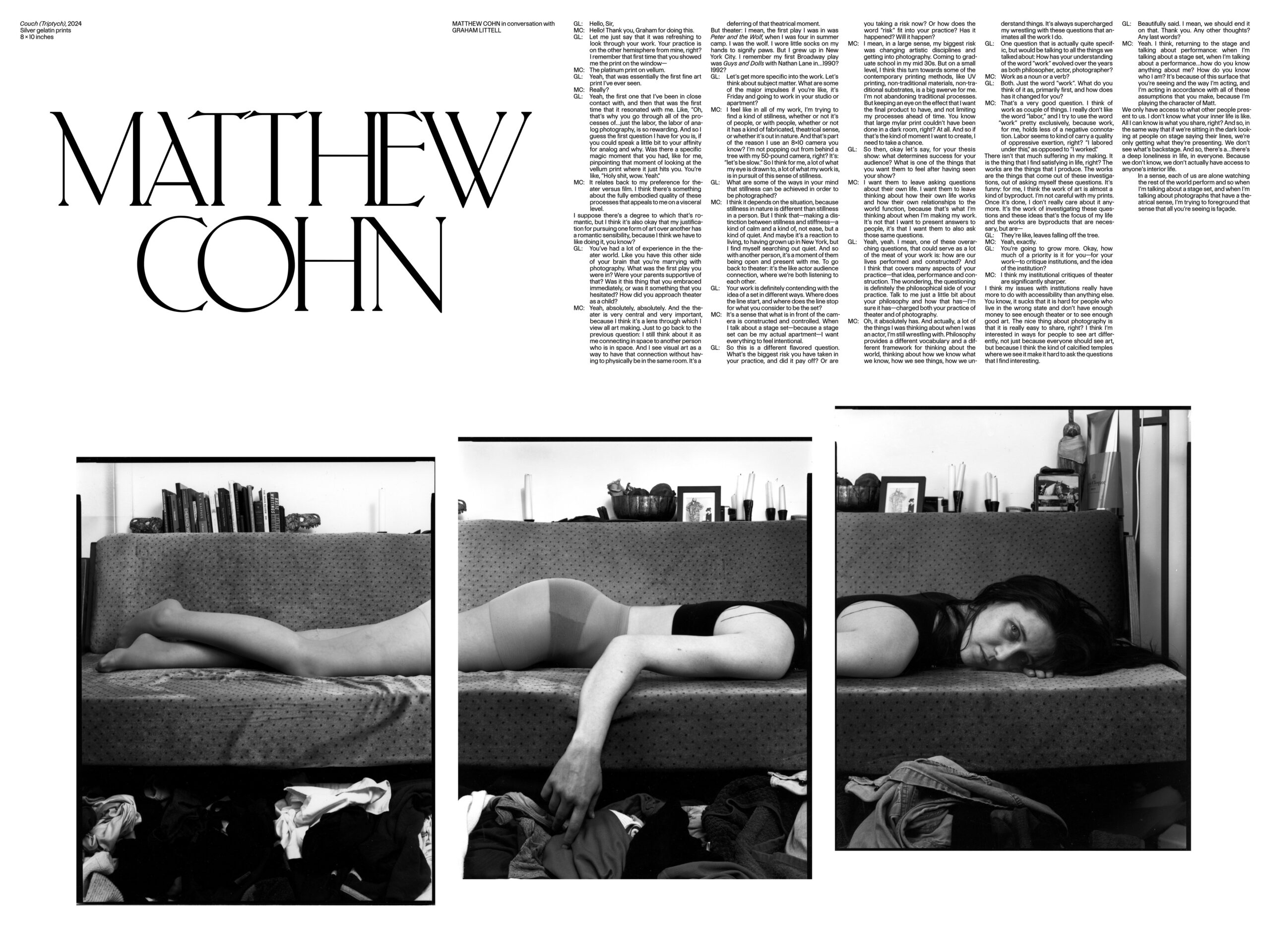 A poster for Aidan McLellan's work in the Pratt MFA Thesis 2025 publication. The top half features the artist’s name in large serif text. Below, a hazy photograph shows a white, plush carnival ride animal behind a chain-link fence under an overpass, with warm light flares. Text columns on the right display an interview between Aidan McLellan and Mauro De La Loza.