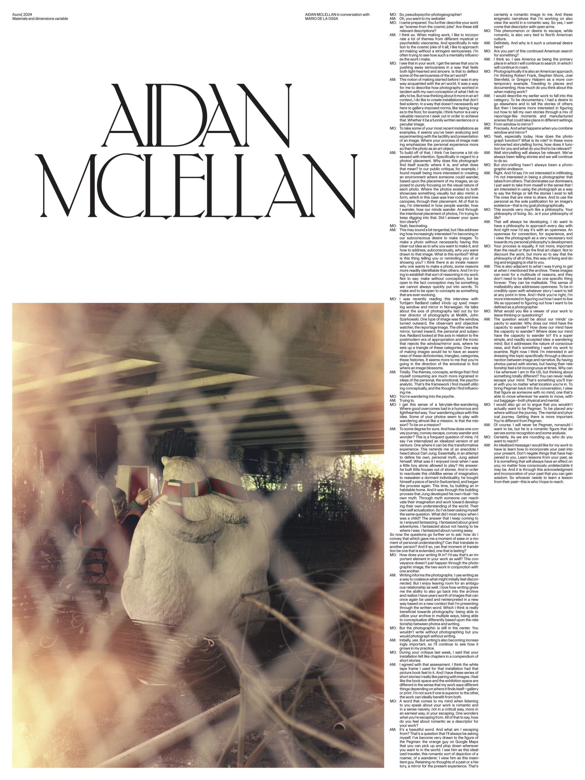 A poster for Aidan McLellan's work in the Pratt MFA Thesis 2025 publication. The top half features the artist’s name in large serif text. Below, a hazy photograph shows a white, plush carnival ride animal behind a chain-link fence under an overpass, with warm light flares. Text columns on the right display an interview between Aidan McLellan and Mauro De La Loza.