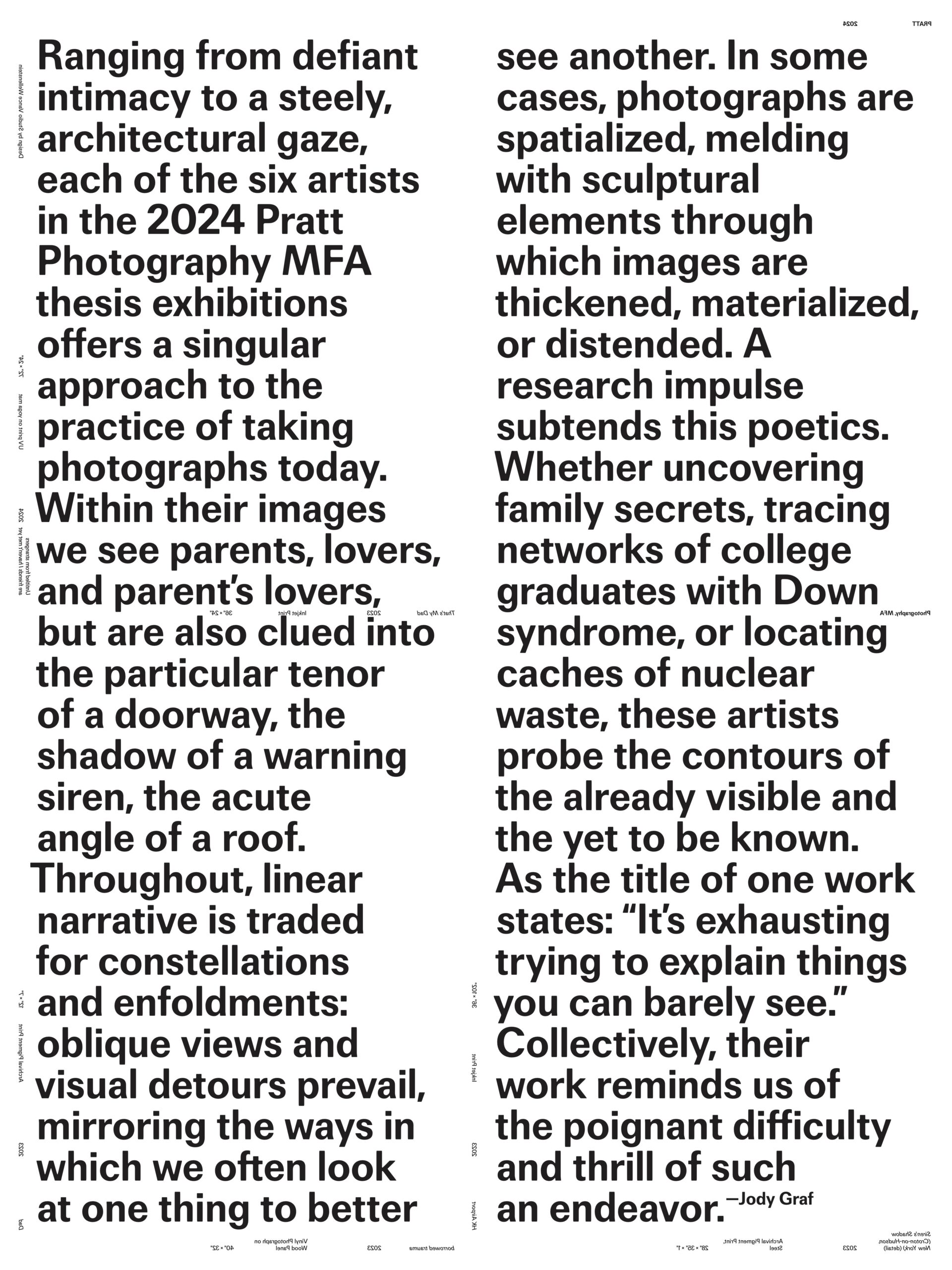 An exhibition poster featuring an introductory curatorial essay in bold black typography. The text explores the themes of the thesis work, including intimacy, architectural perspectives, family secrets, and conceptual photography. The layout is split into two columns, utilizing justified alignment with large type for readability and impact.