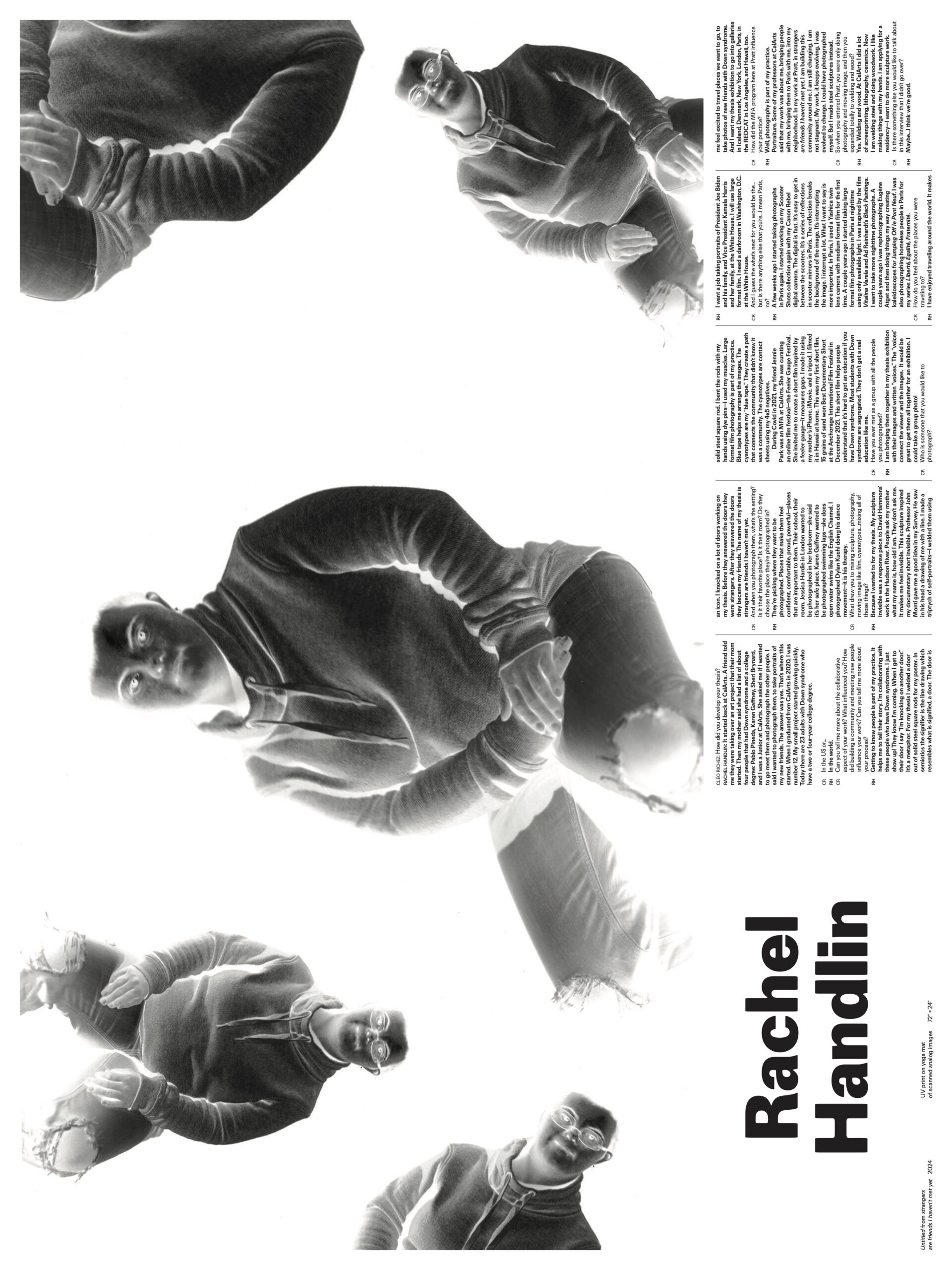 Poster featuring artist Rachel Handlin. A series of inverted photographic images of the artist in various poses repeat across the layout, creating a disorienting, mirrored effect. The accompanying interview text is set in narrow columns on the right, with the artist's name displayed prominently in bold black at the bottom right.