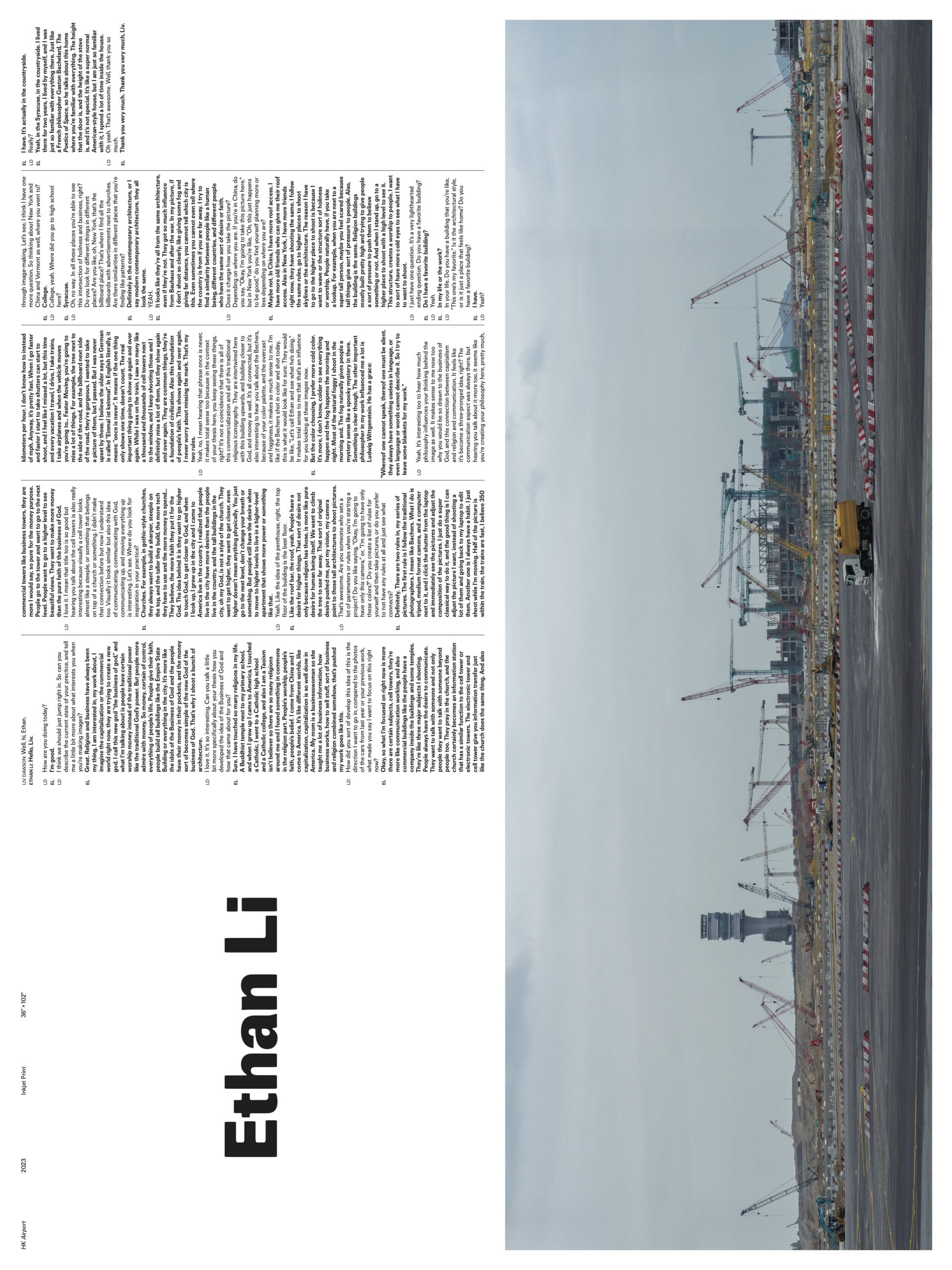 Poster for Ethan Li. The layout is rotated horizontally, with a panoramic color photo of a construction site filled with cranes and equipment spanning the right side. The left side includes a lengthy interview in narrow columns, rotated to match the layout. Ethan Li’s name is printed boldly in vertical orientation on the white space below the text.