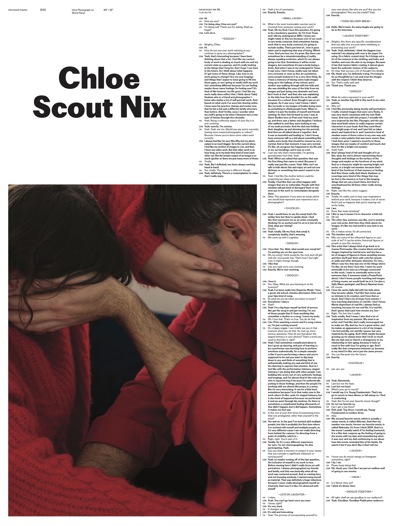 Poster featuring Chloe Scout Nix. The bottom half showcases a color photo of two individuals covering their faces while seated close together, both wearing red garments. Above the image is an interview transcript in column format. The artist’s name appears in bold at the top left against a white background.