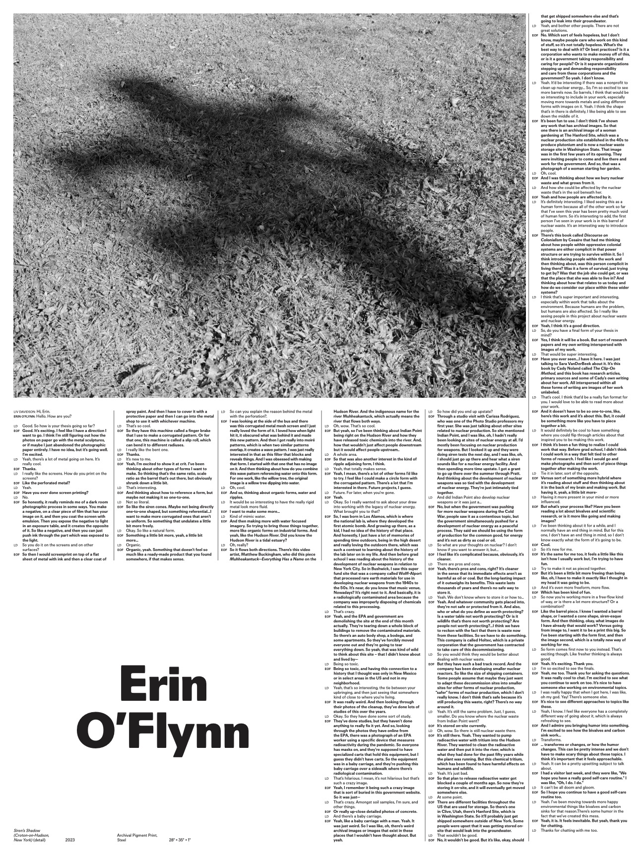 Poster for Erin O’Flynn. The upper half includes a black-and-white photograph of a tree-like shadow cast on a grass-covered ground. The lower half contains an extensive interview in multi-column format. Erin O’Flynn’s name appears in bold black text at the bottom center of the layout.
