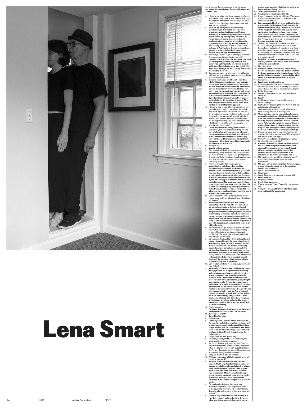 Poster for Lena Smart. A black-and-white photograph on the left side features two people standing closely in a narrow doorway. The right half consists of an interview in narrow columns. At the bottom, Lena Smart’s name is centered in bold black type, set against a large white space.