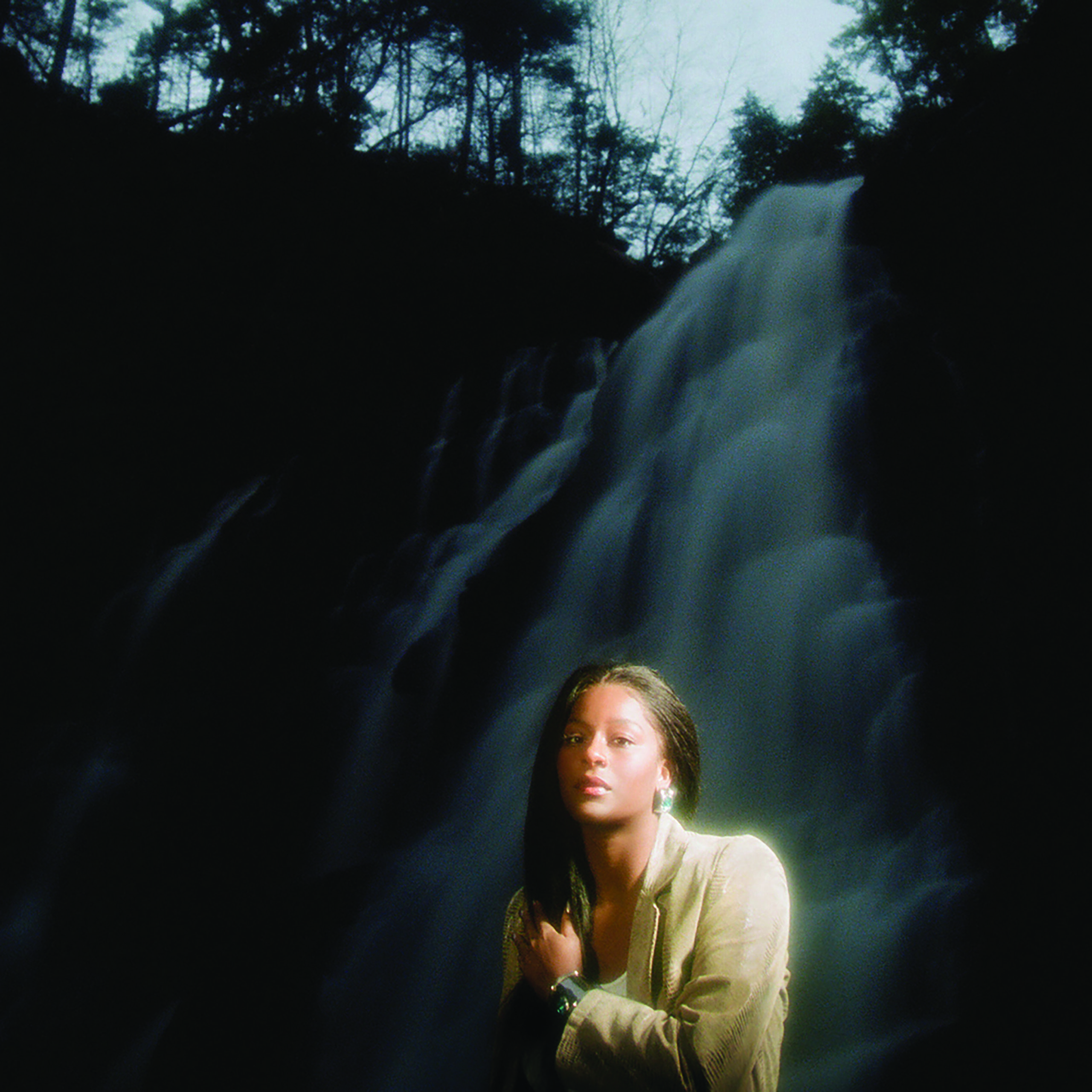 Portrait of Taja Cheek in front of a waterfall.
