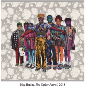 Artwork image of Bisa Butler’s “The Safety Patrol,” 2018. Textile collage showing seven figures in brightly patterned, colorful clothing against a gray floral background. The group is posed together, with the central figure standing with arms outstretched, suggesting leadership or protection.