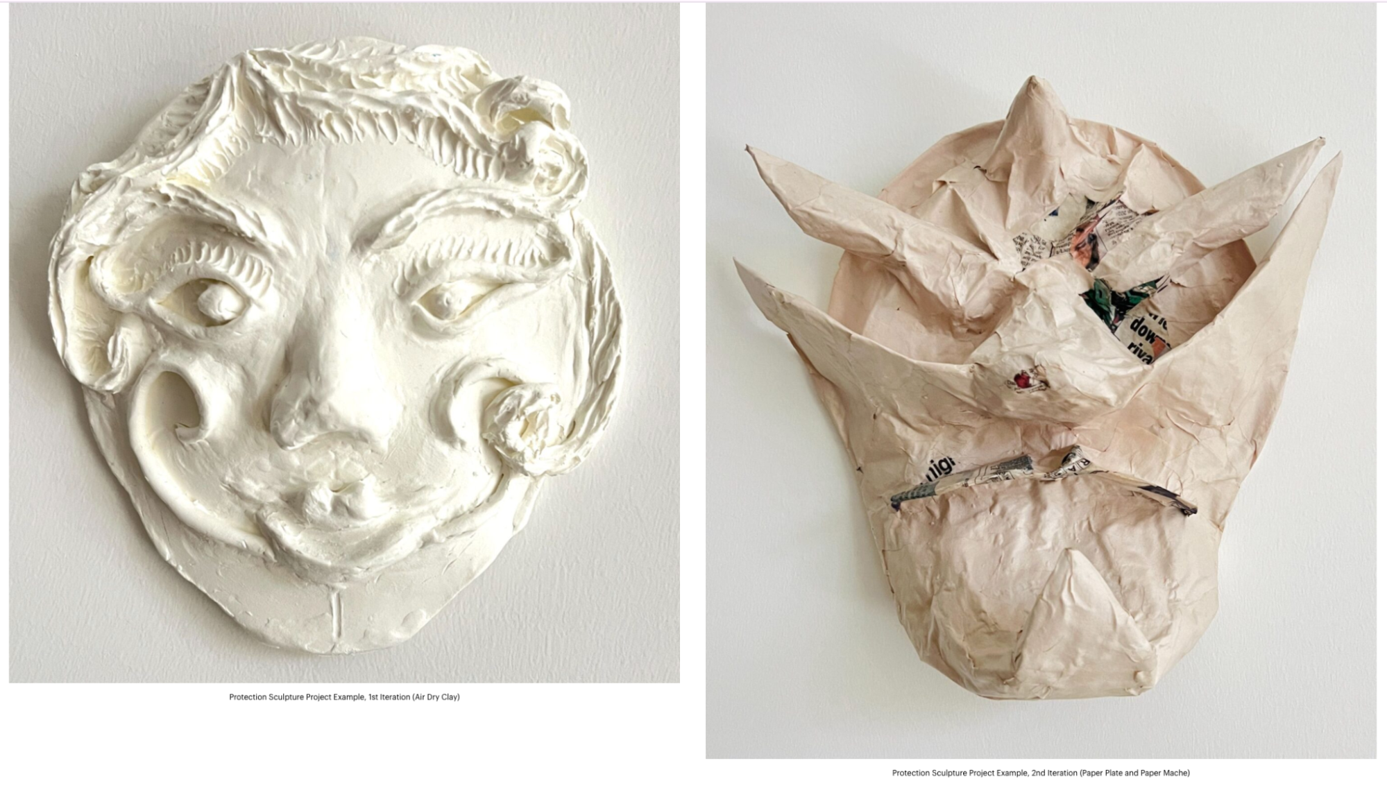 Two mask-style protection sculpture examples. Left: a white relief mask with sculpted swirling hair, nose, and lips made of air dry clay. Right: a rougher paper mache mask on a paper plate with protruding horn-like shapes and visible newspaper texture. Labels describe them as the 1st and 2nd iterations of the project.