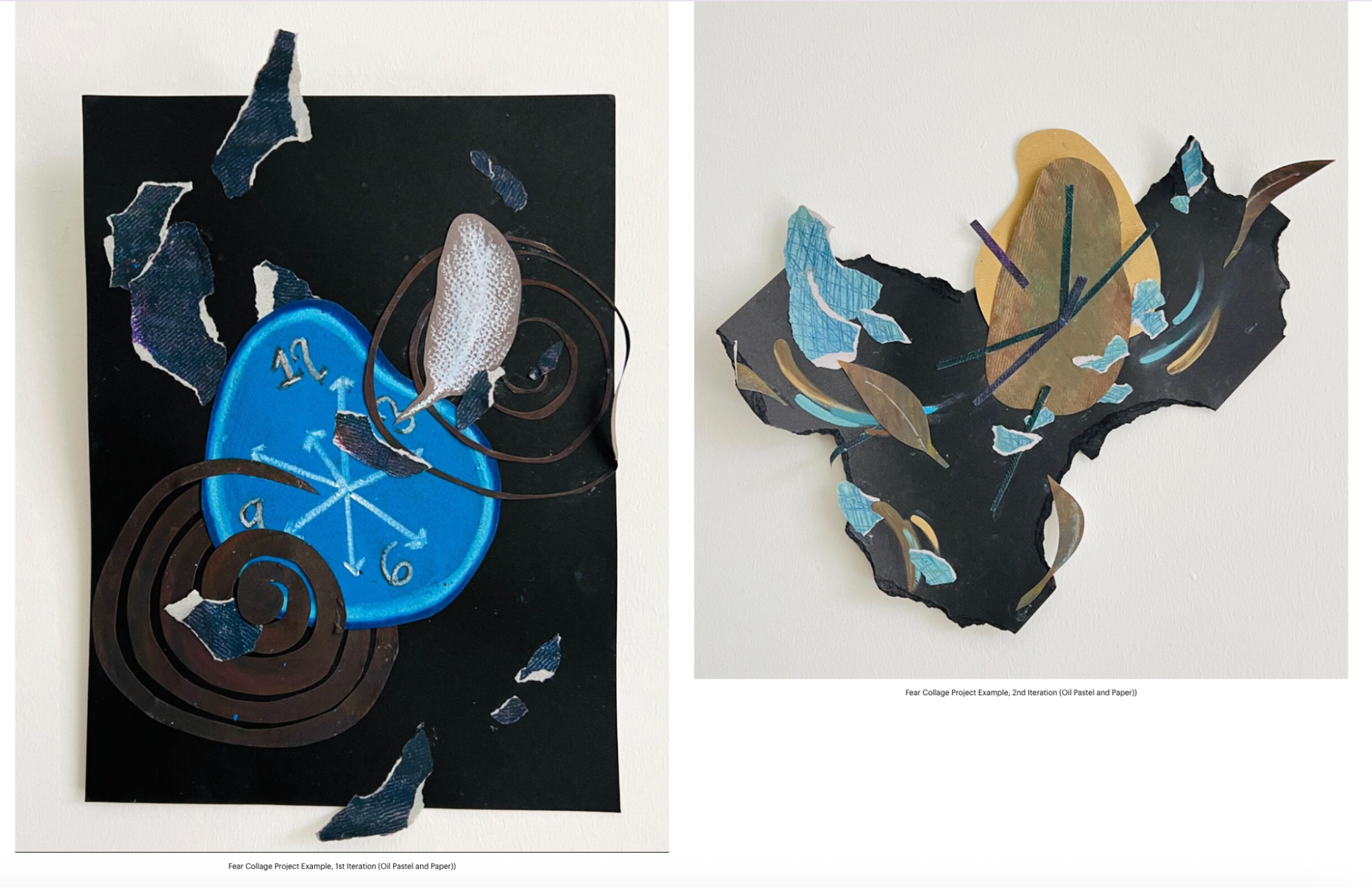 Two student collage artworks from the Fear Collage Project. Left: black paper background with a large blue clock face, swirling brown lines, and a cutout mouse, using oil pastel and paper. Right: abstract arrangement of torn black paper with golden and blue elements layered, also using oil pastel and paper. Labels identify them as the 1st and 2nd iterations of the project.