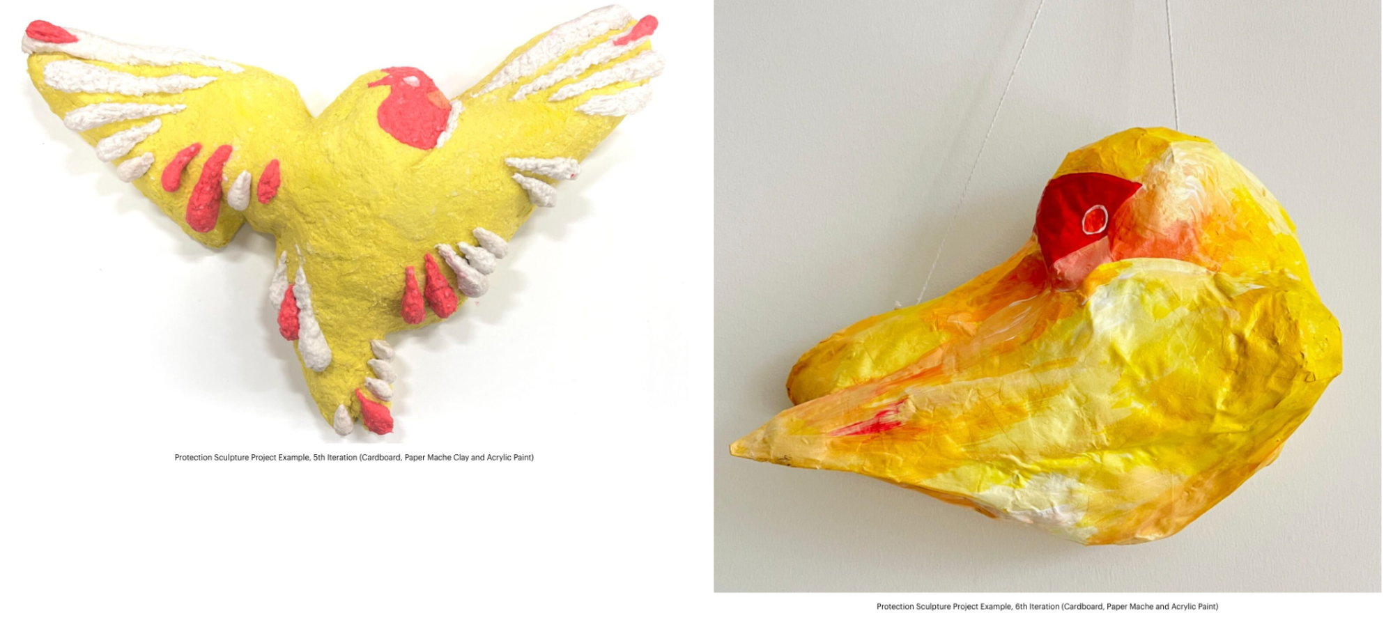 Two bird-themed paper mache protection sculptures. Left: yellow bird with red and white accents on the wings, made from cardboard and painted. Right: large yellow and orange bird head with a red eye, suspended by string. Labels mark these as the 5th and 6th iterations of the project.