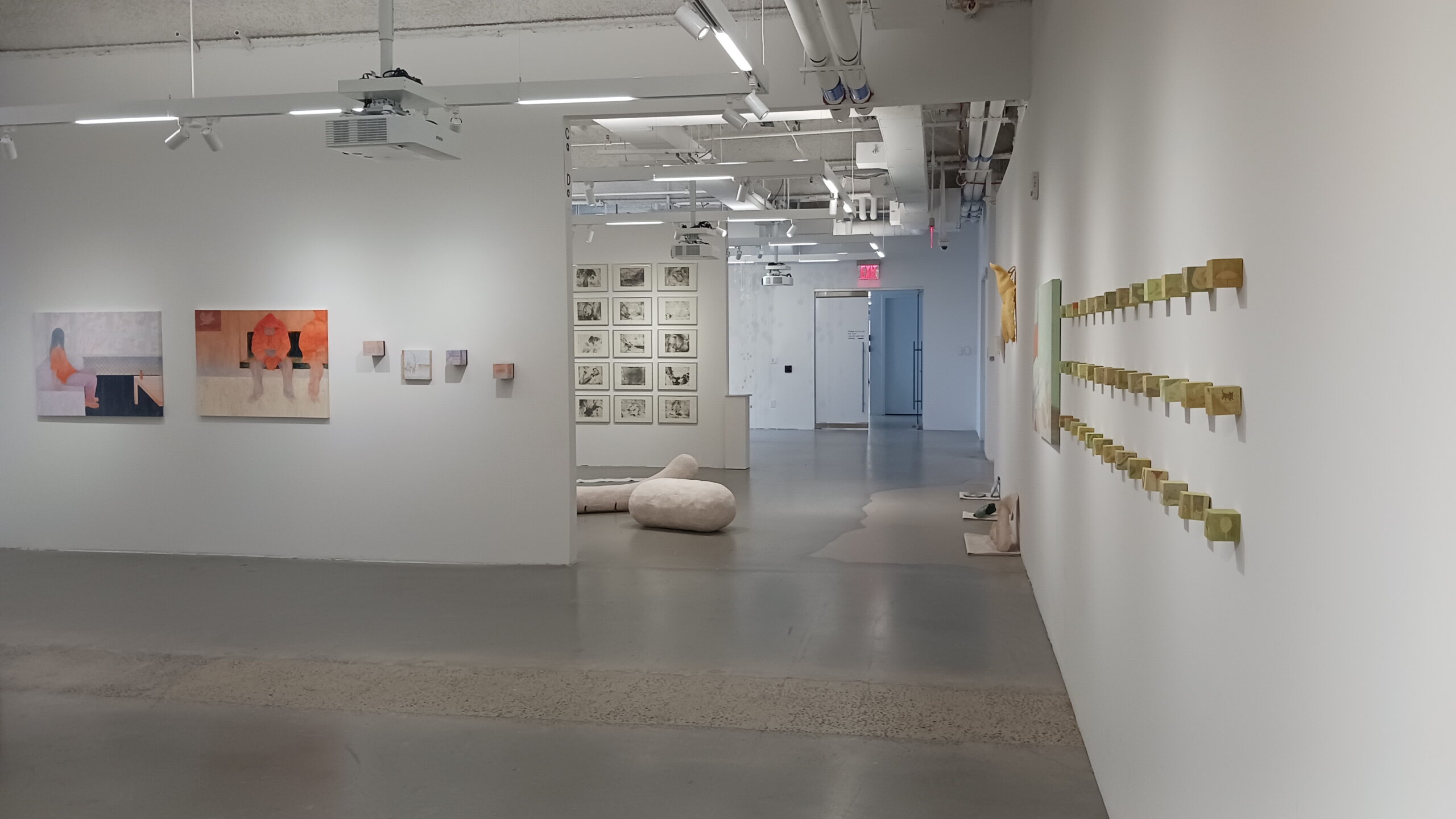 A view of gallery bays at Dock 72. The right walls of each bay are partially visible, with works installed on the walls. On the long, right wall of this corridor hangs an even grid of small, cube-shaped paintings.