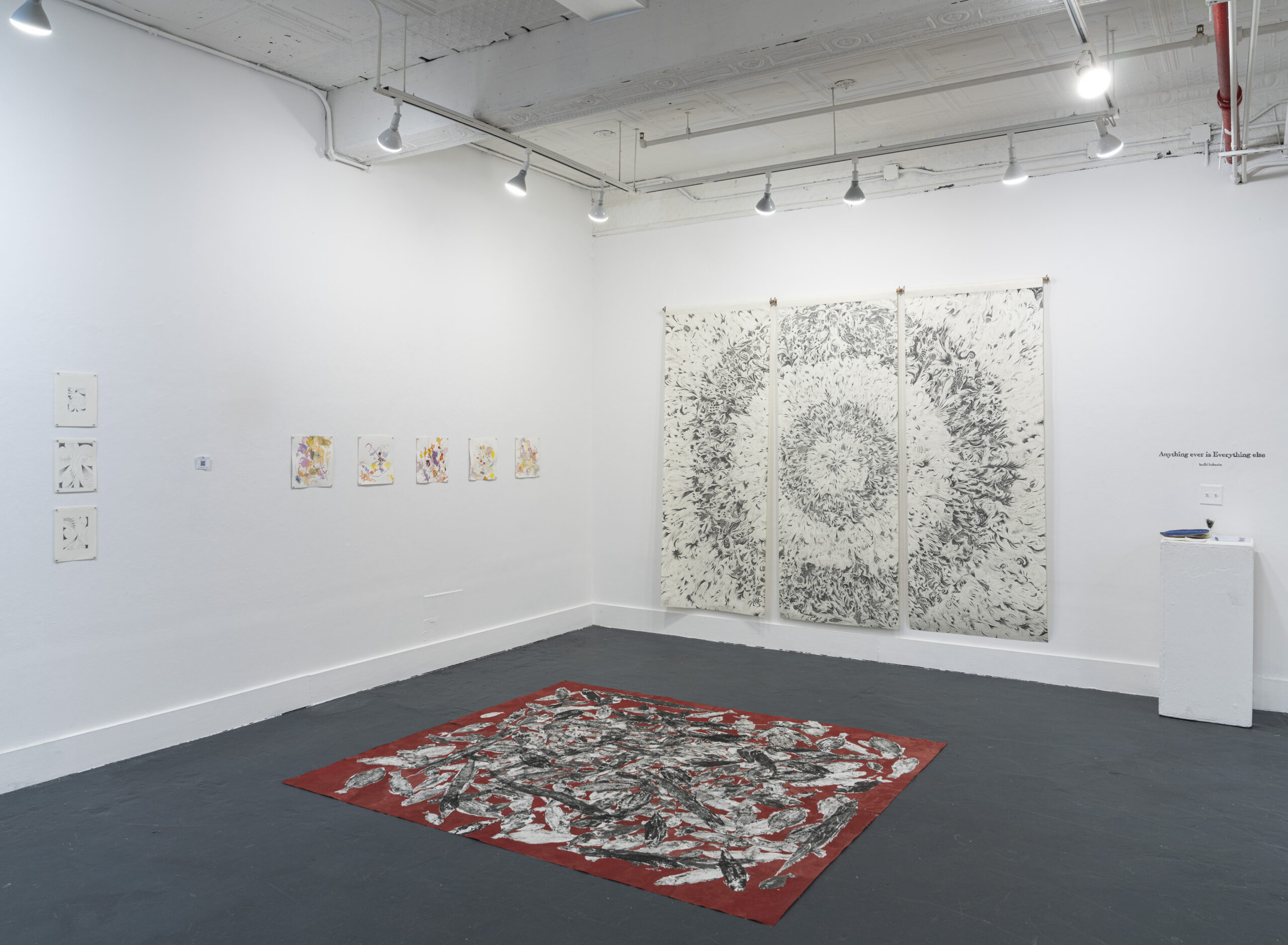 A brightly lit gallery with white walls and grey floors. On the left wall hangs a single-column stack of three small works; farther on this wall is a row of five horizontal paintings. On the adjacent wall is three vertical panels, next to a pedestal with artist information. At the center of the room, flat on the ground, is a piece that is white and black markings on a red background