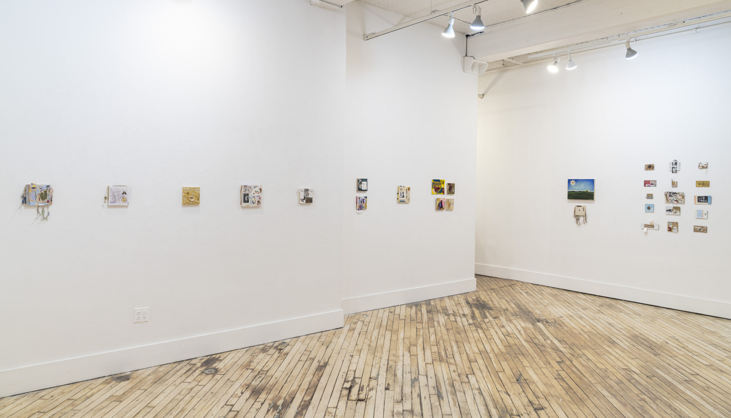 A brightly lit gallery with light hardwood floors. On the left wall is a small row of paintings, toward the end of the wall there is a pair stacked and a group of four in a cluster. On the wall across from a corridor, another pair of paintings are installed stacked, and a group of 15 small works are arranged in a group that is three columns, five rows.