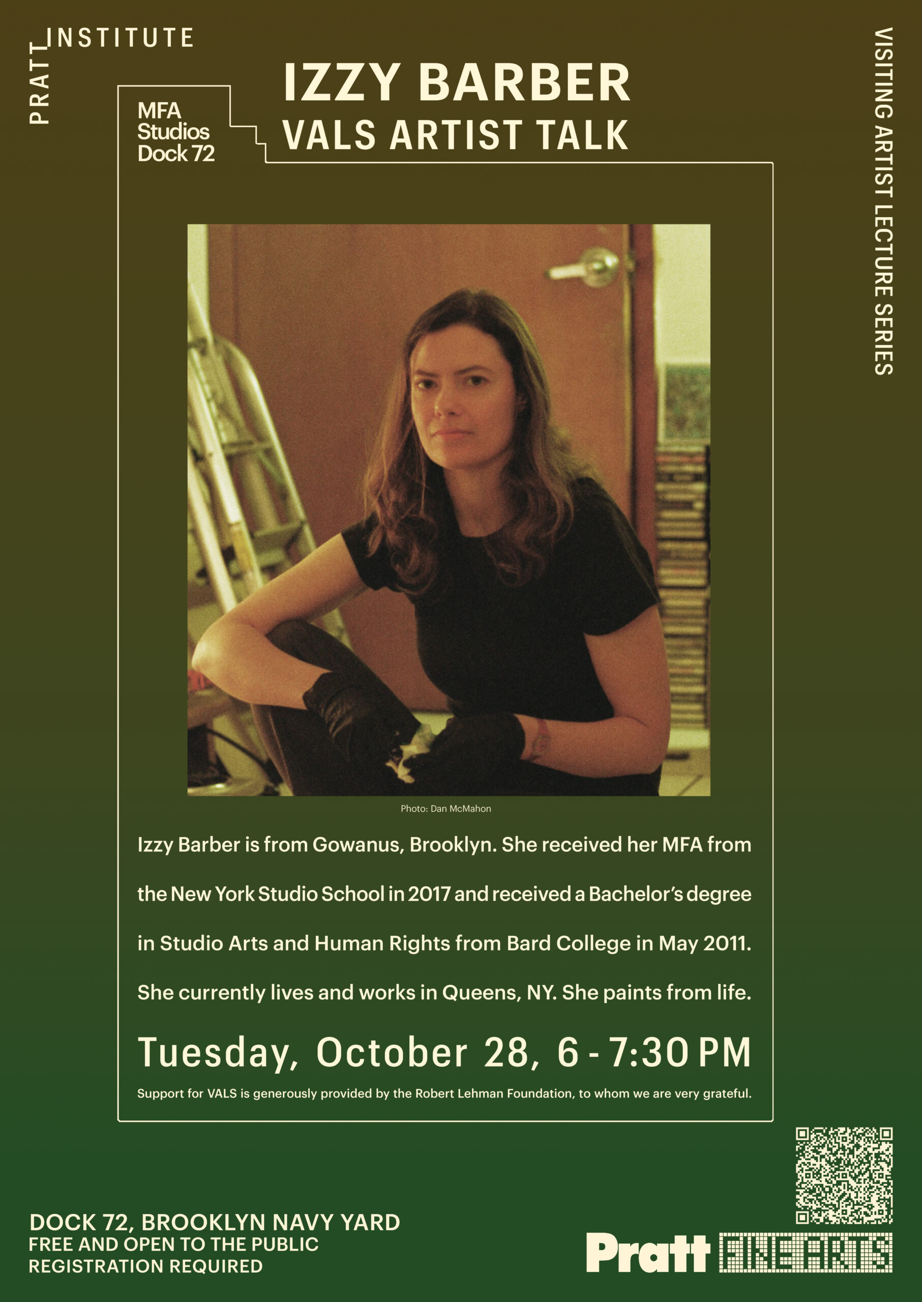 Event poster for 10/28/2025 VALS talk event with Izzy Barber. A headshot of Barber with a green gradient background, with Barber's bio underneath the headshot.
