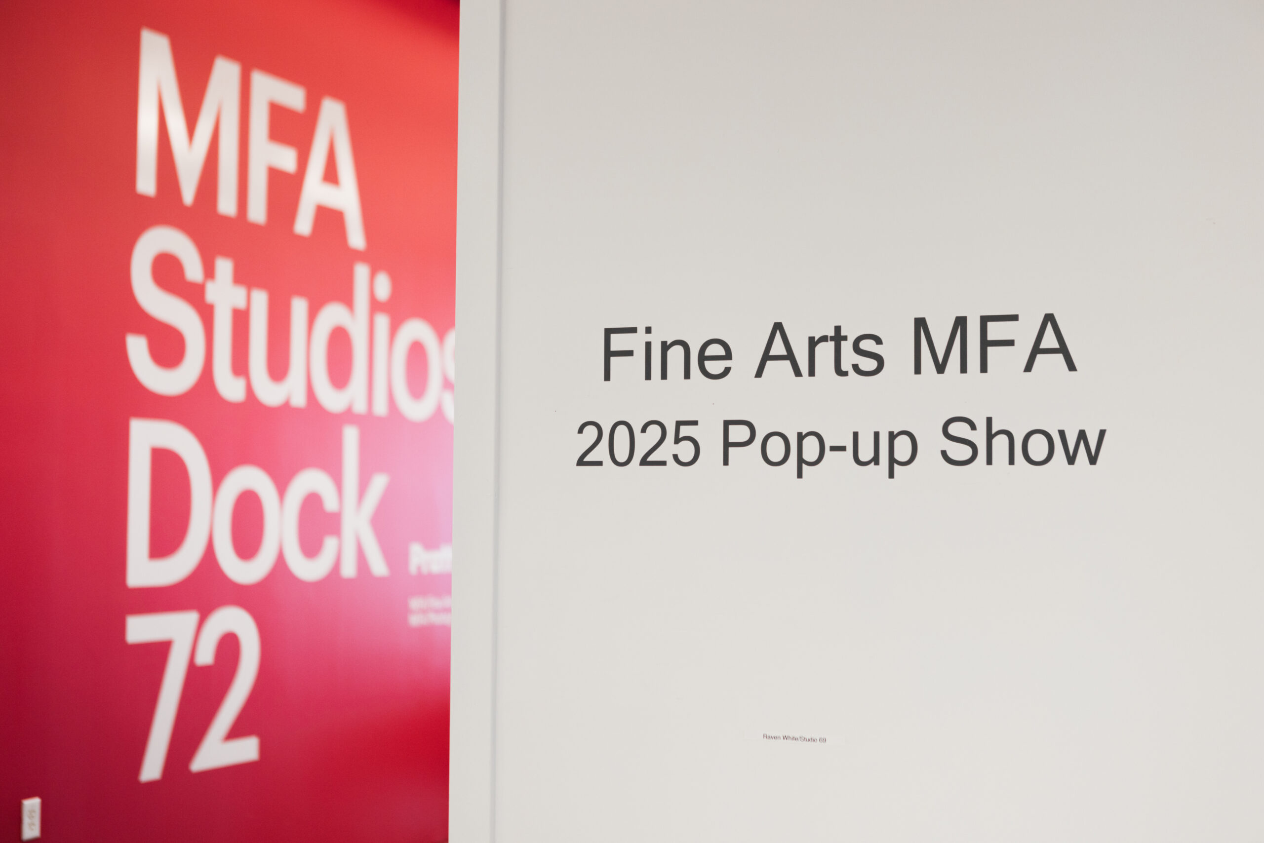 Photo at the entrance to the Dock 72 elevator bank. The left half of the photo is a pink wall with 