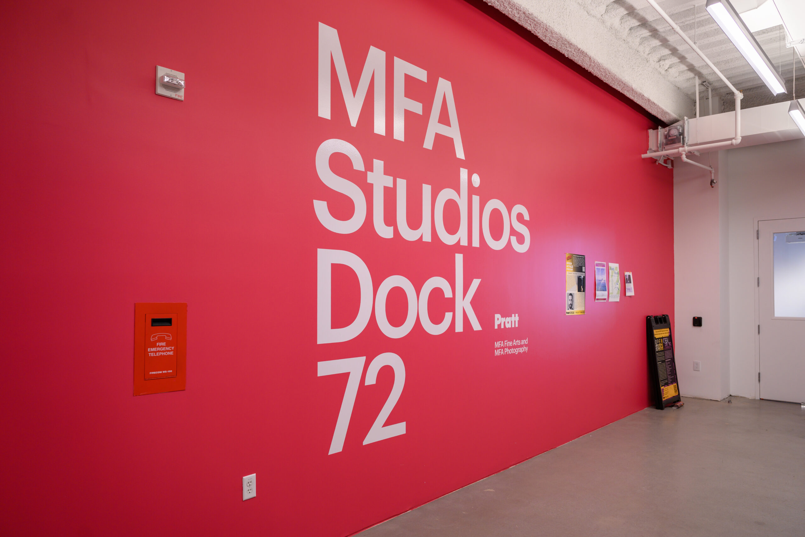 A wall painted hot pink from floor to ceiling with large white vinyl reading 