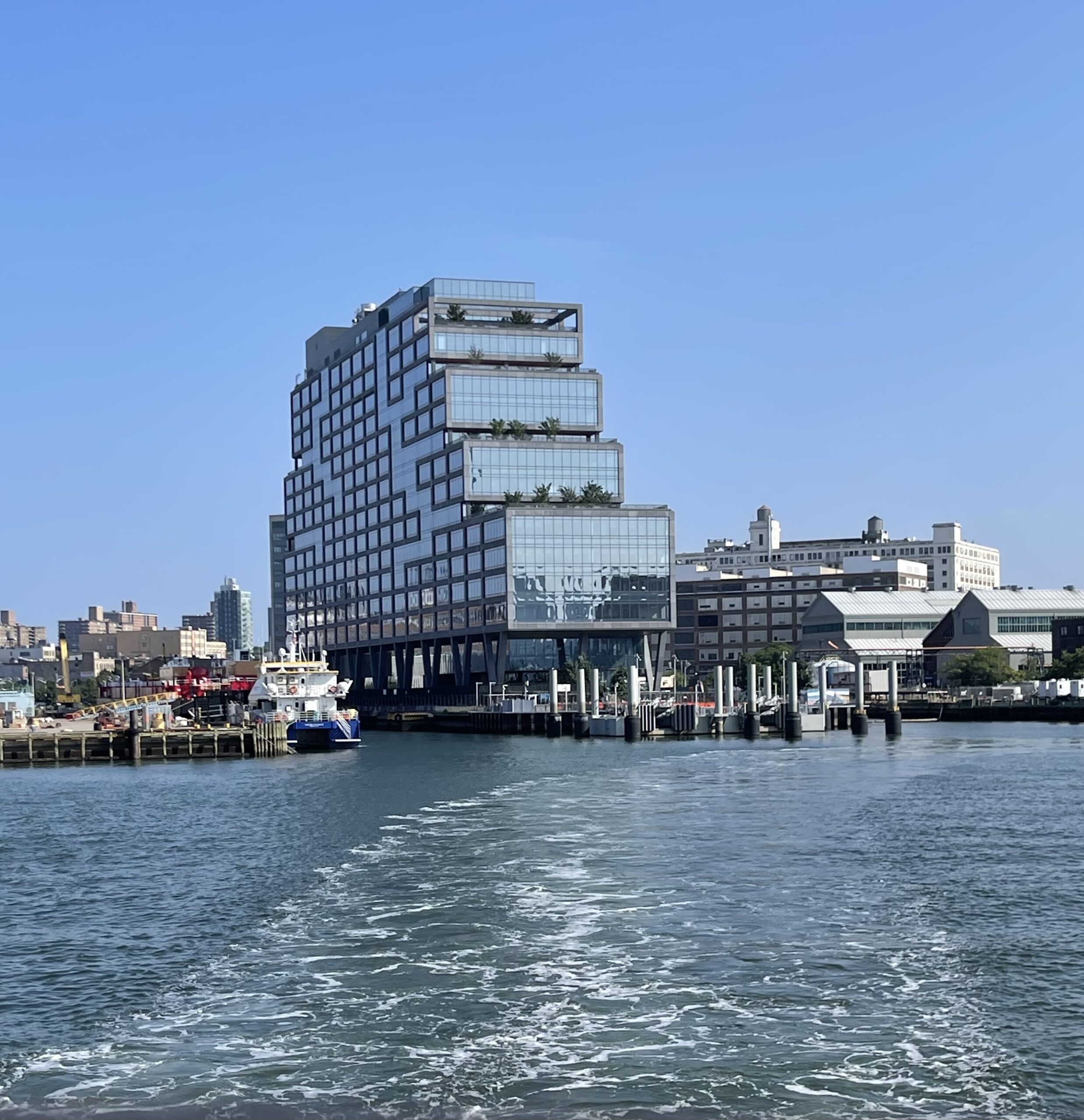 A view of the Dock 72 building from the East River