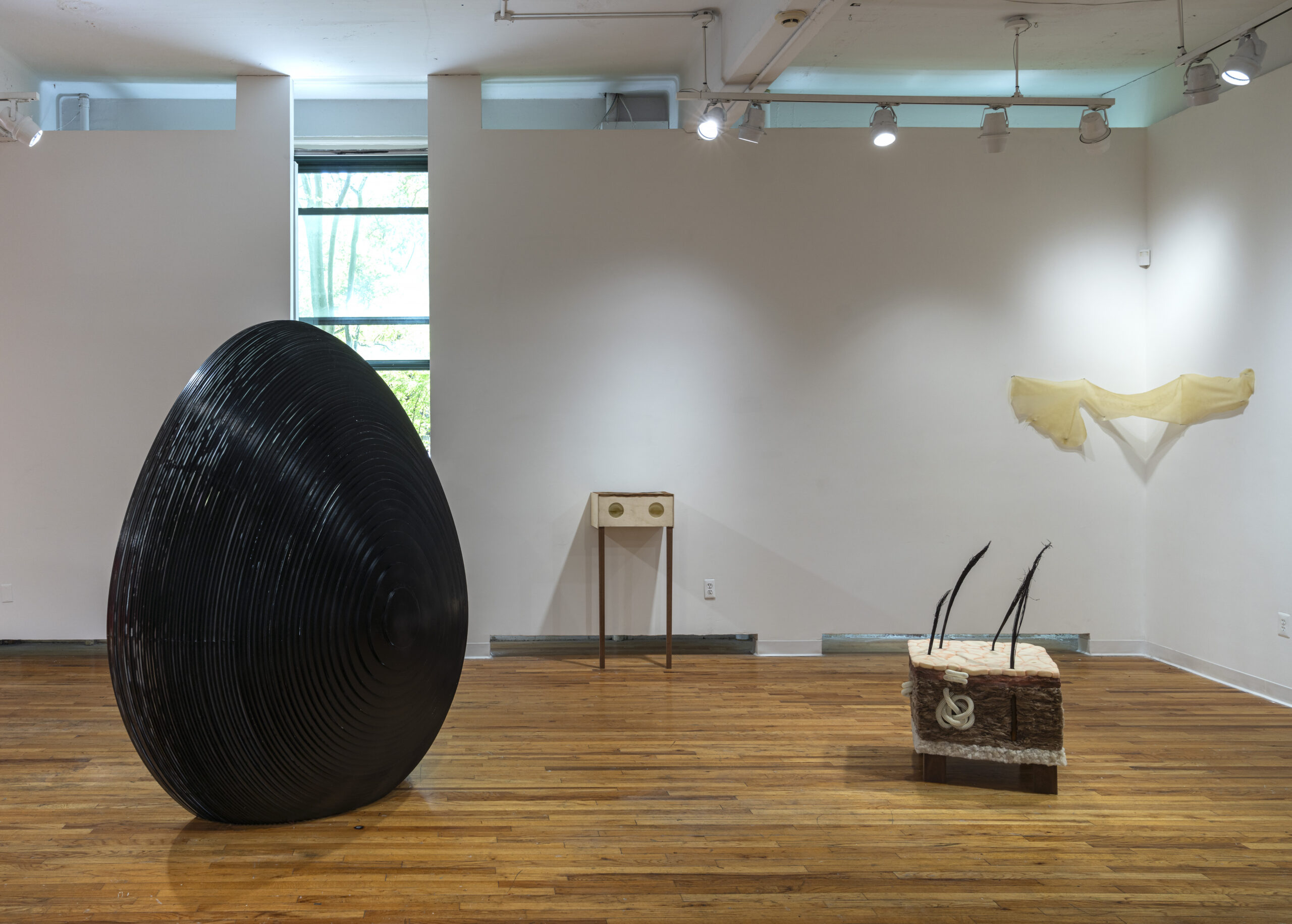 The image depicts an art gallery interior showcasing three distinct sculptures. On the left, a large, oval-shaped black sculpture with concentric grooves stands prominently. In the center, a small, beige pedestal with two circular cutouts is positioned. To the right, a rectangular sculpture with a textured surface and protruding elements is displayed on a wooden base. Light enters through a window, illuminating the wooden floor and white walls of the gallery space.