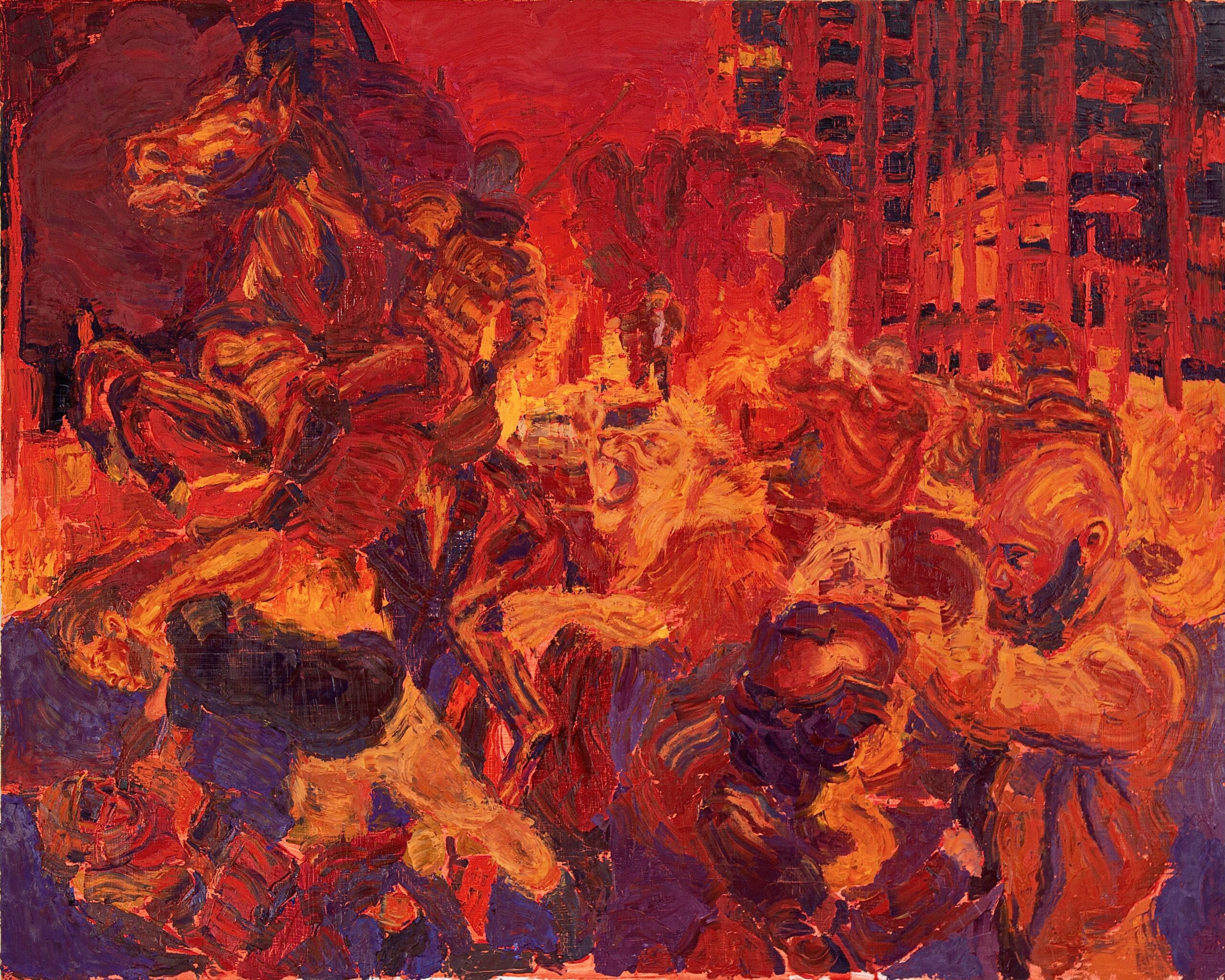 An abstract painting dominated by warm hues of red and orange, depicting chaotic figures, a rearing horse, and human forms engaged in struggle or conflict. The brushstrokes are thick and expressive, contributing to a sense of movement and intensity. The background features angular shapes that suggest urban structures, enhancing the dramatic atmosphere of the scene.