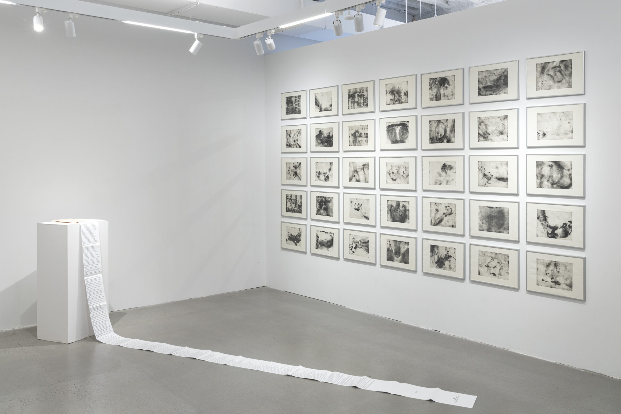 A gallery space features a wall with 30 framed monochromatic artworks, arranged in a grid pattern. In the foreground, a white pedestal holds a stack of paper, with a long sheet cascading down to the floor. The overall aesthetic is minimalist, with bright lighting highlighting the pieces on the wall and the long paper.