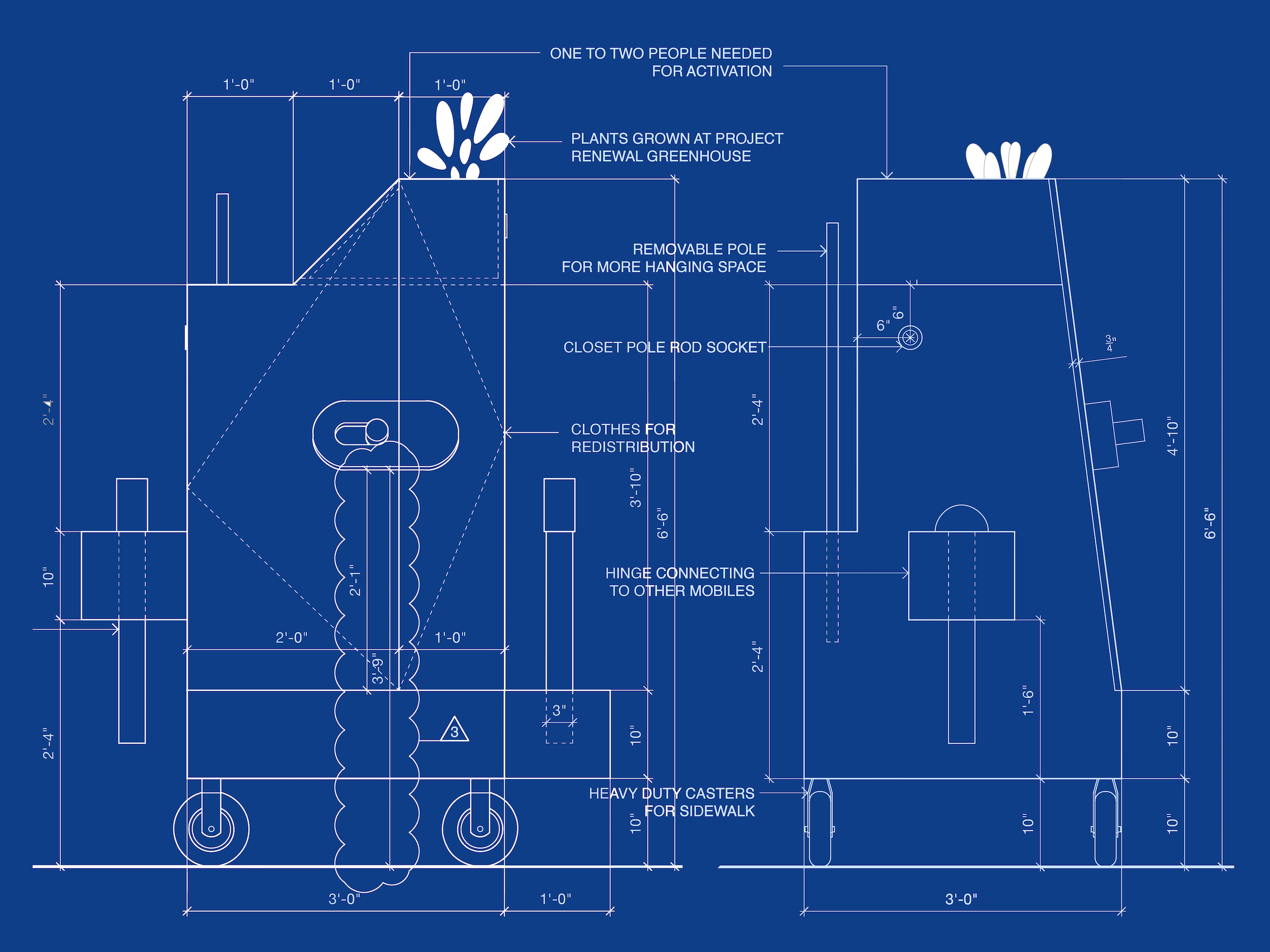 A technical blueprint rendering of a mobile structure designed for plant cultivation, featuring dimensions and functional components. The design includes a removable pole for hanging garments, a closet pole socket, and features for redistribution of clothes. It is equipped with heavy-duty casters for easy movement along sidewalks. Dimensions labeled in feet and inches indicate the overall height of about 10 feet and width of about 3 feet, along with other specifications for construction.